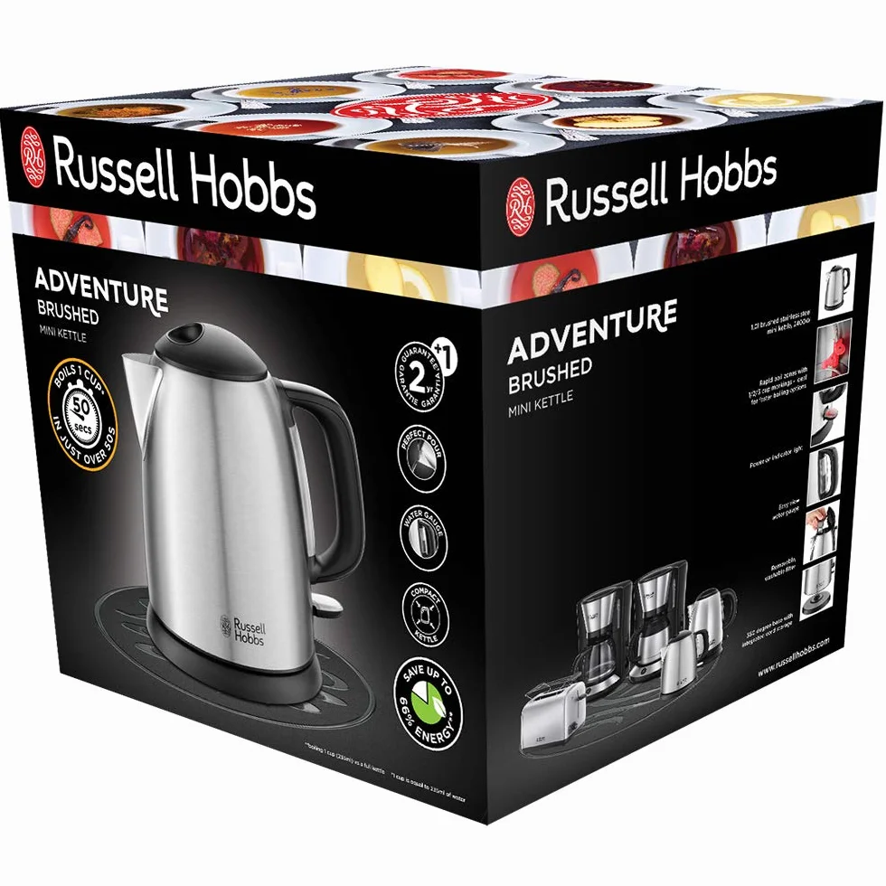 Russell Hobbs czajnik elektryczny, wymienny filtr antywapienny, kontroler strix, strefy szybkiego gotowania, mały czajnik podróżny, pojemność 1l, moc 2400W, czarny, Adventure 24991-70