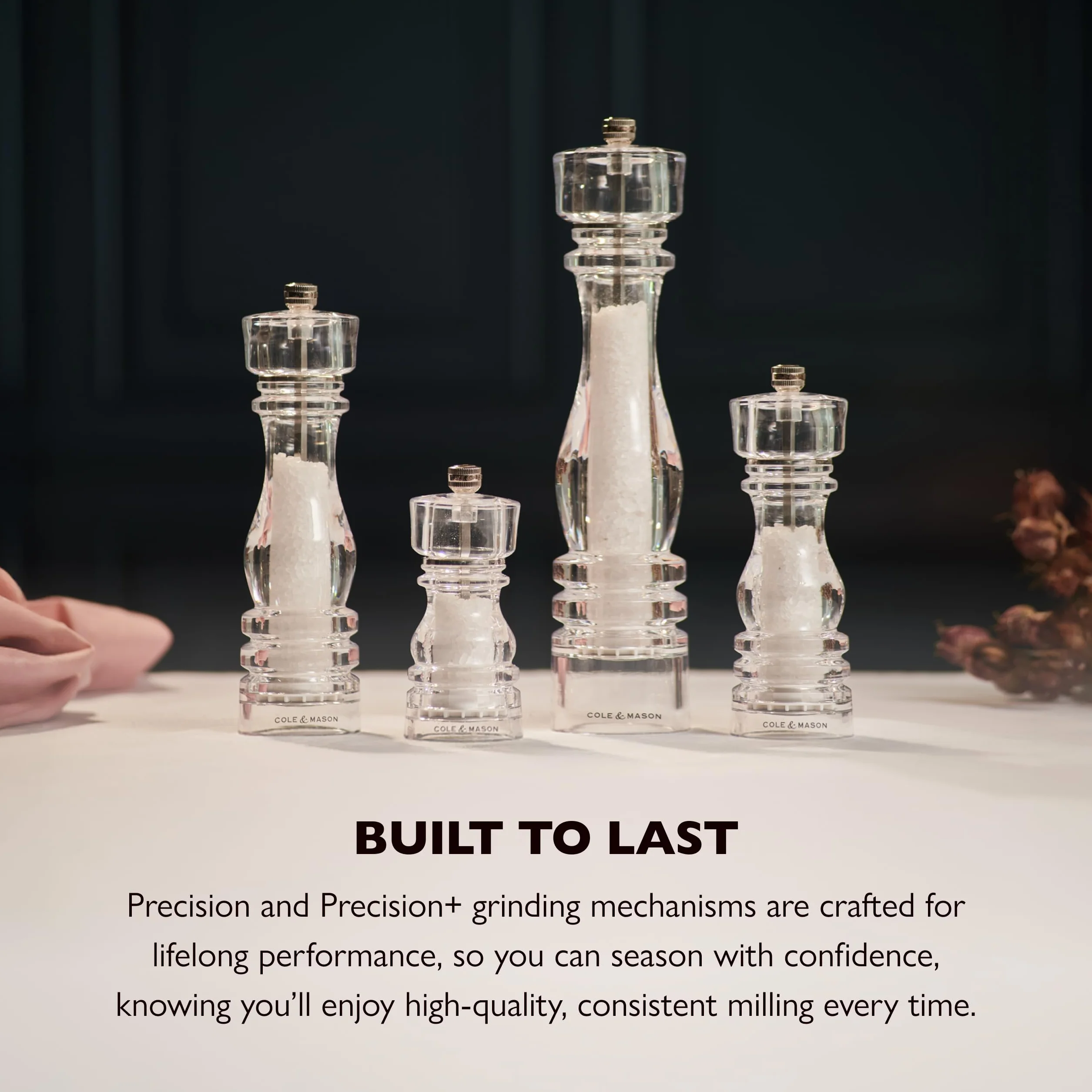 Cole & Mason Zestaw młynka do soli i pieprzu akrylowy Londyn, 180 mm, mechanizmy Precision+ węglowe/ceramiczne, młynek do soli i pieprzu z regulacją mielenia, zestaw upominkowy