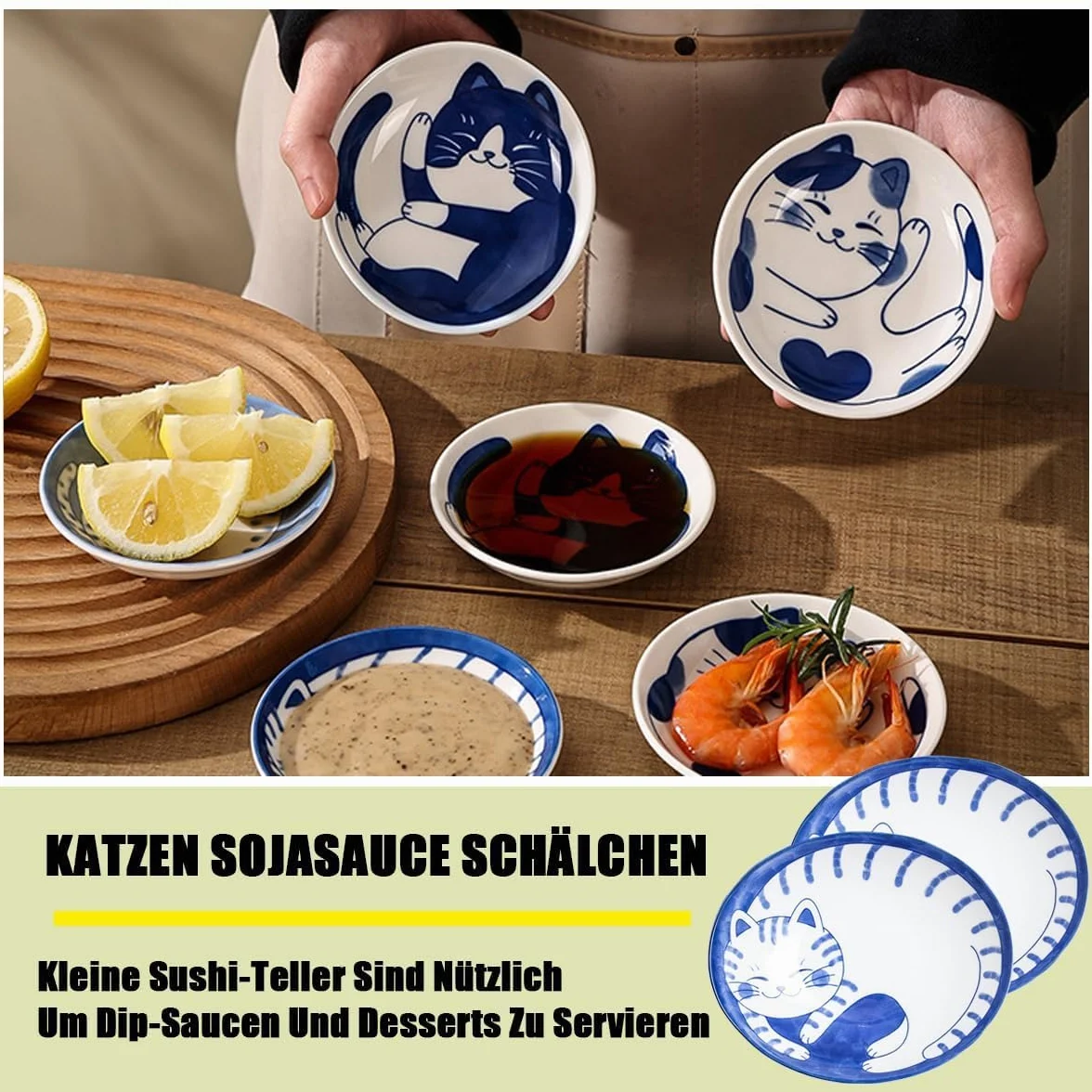 4 sztuki mini ceramiki, 10 cm, słodkie koty, sos sojowy, małe talerze ceramiczne z japońskim kotem, wspaniały prezent dla miłośników kotów, zestaw 4 wzorów