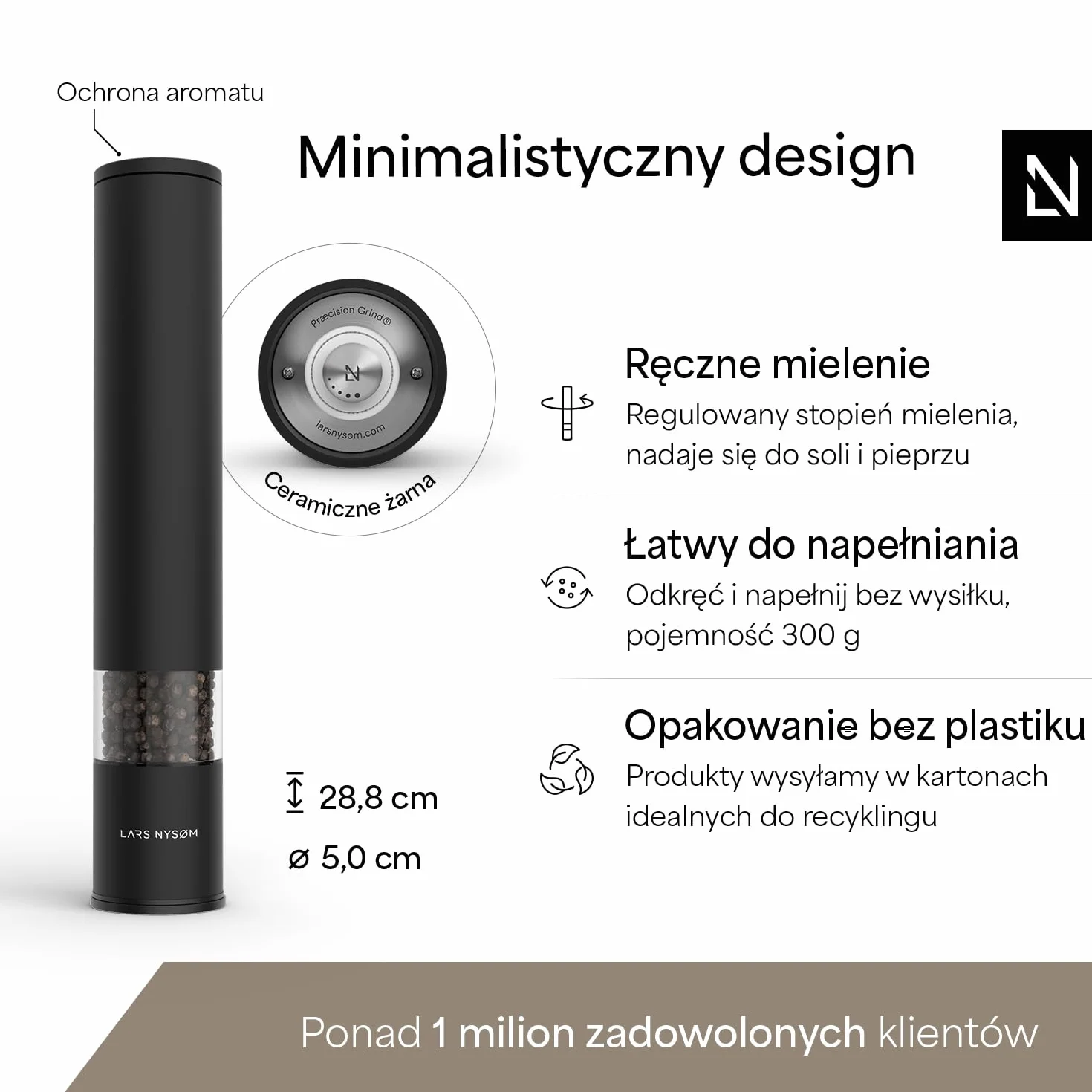 LARS NYSØM Młynek do soli i pieprzu ręczny duży (28,8 cm) z regulowanym ceramicznym mechanizmem mielącym od grubego do drobnego I Młynek do przypraw w designie (1 sztuka) (Carbon Black)
