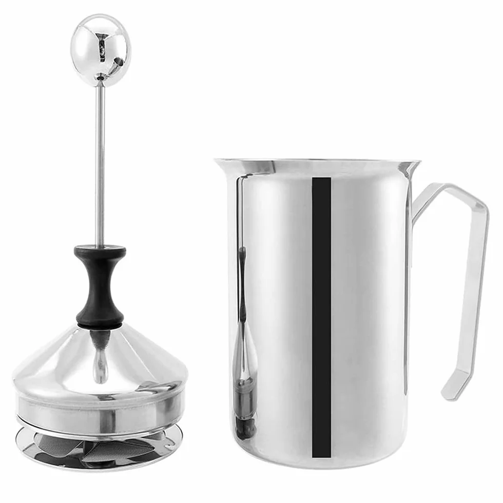 Gvolatee Spieniacz do mleka ze stali nierdzewnej Double Mesh 500 ml, ręczny, 8 x 8 x 18 cm, idealna pianka do mleka dzięki podwójnemu sitku i specjalnemu mechanizmowi dociskowemu