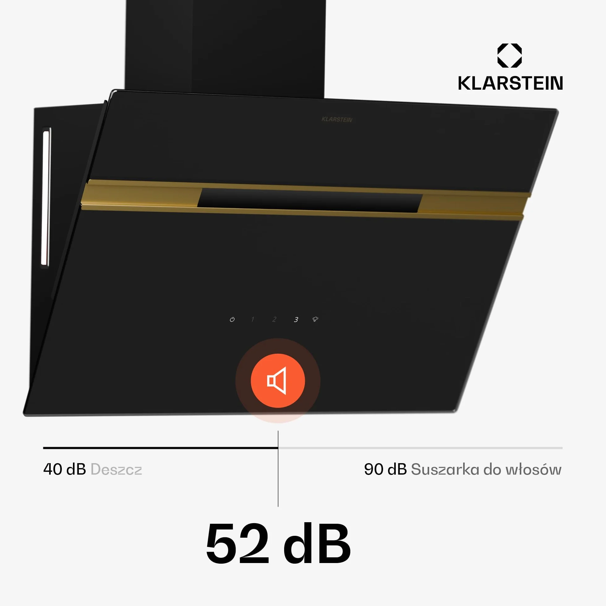 Klarstein Alina Okap kuchenny przyścienny – 60 cm, przepływ 600 m³/h, sterowanie dotykowe, klasa energetyczna A, oświetlenie LED w 9 kolorach, cichy 52 dB, czarno-złoty