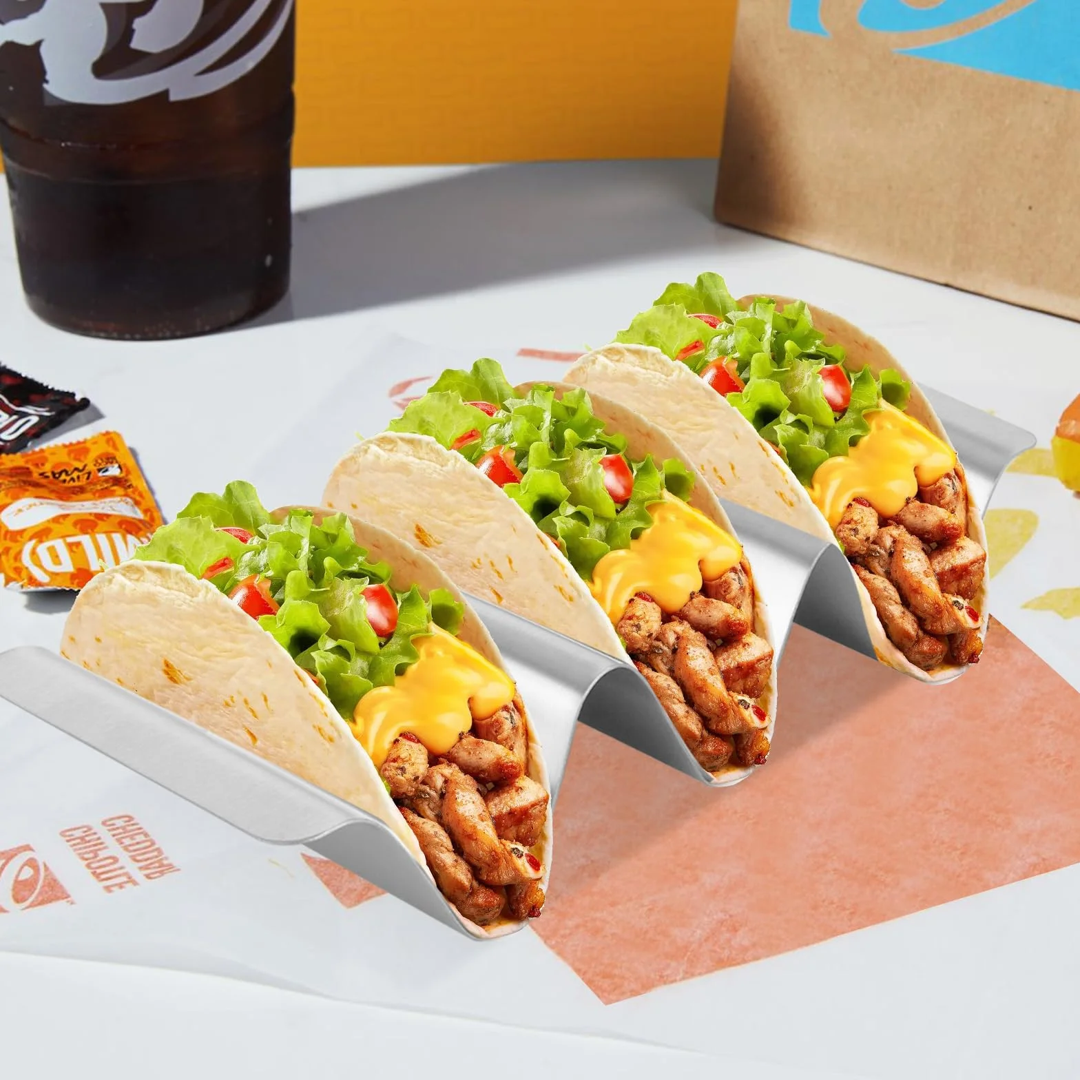 AKOLAFE 6 sztuk uchwytów taco ze stali nierdzewnej, 25 x 10 x 4,5 cm, uchwyt taco z uchwytami, stojak na hot dogi, stojak w kształcie litery U, taco rack Dino na taco, kanapki, chleb, hot dogi i gofry