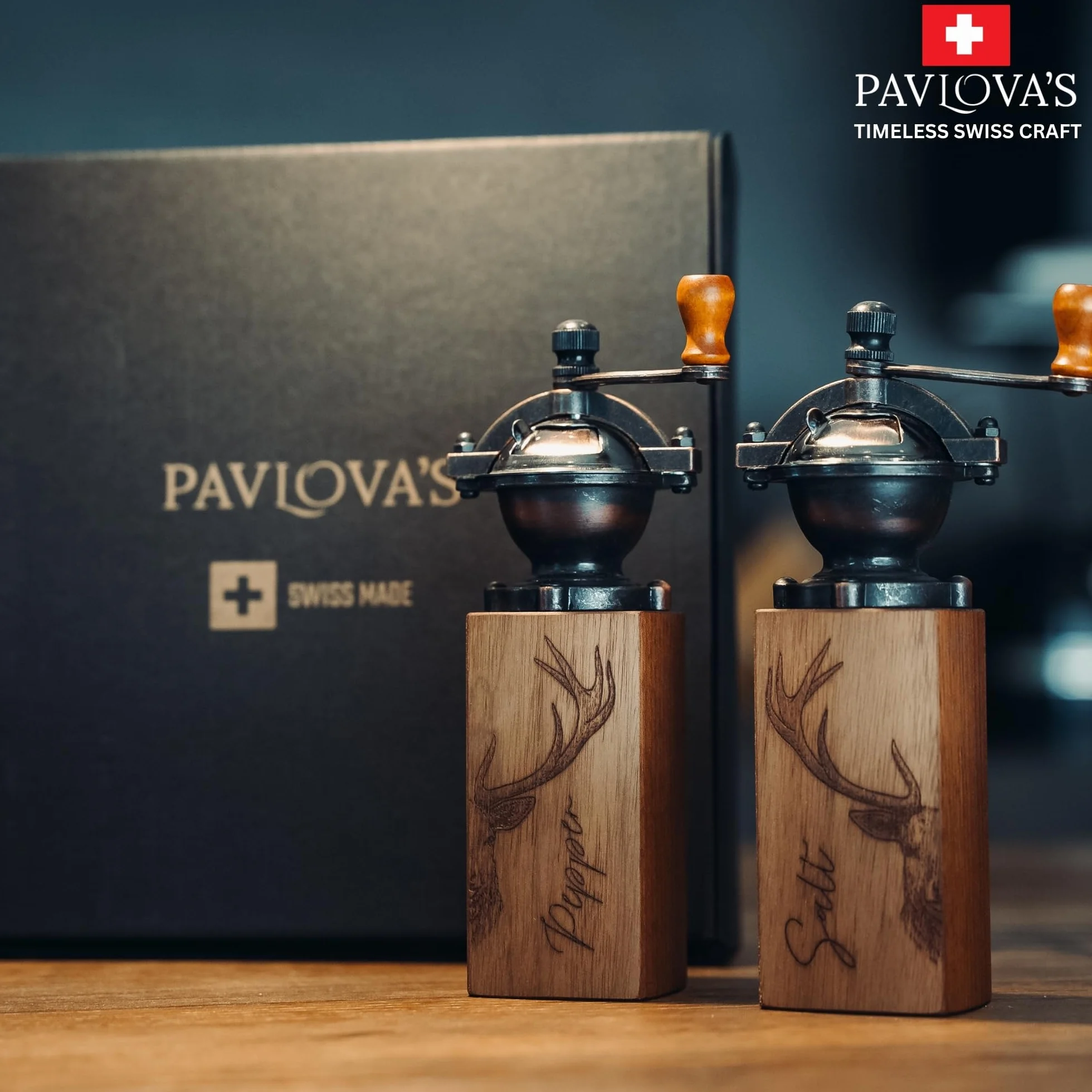Vintage zestaw młynków do soli i pieprzu, młynek do przypraw z litego drewna z regulowanym mechanizmem ceramicznym, limitowana edycja, ręcznie robione w Szwajcarii, z ręczną korbą, prezent