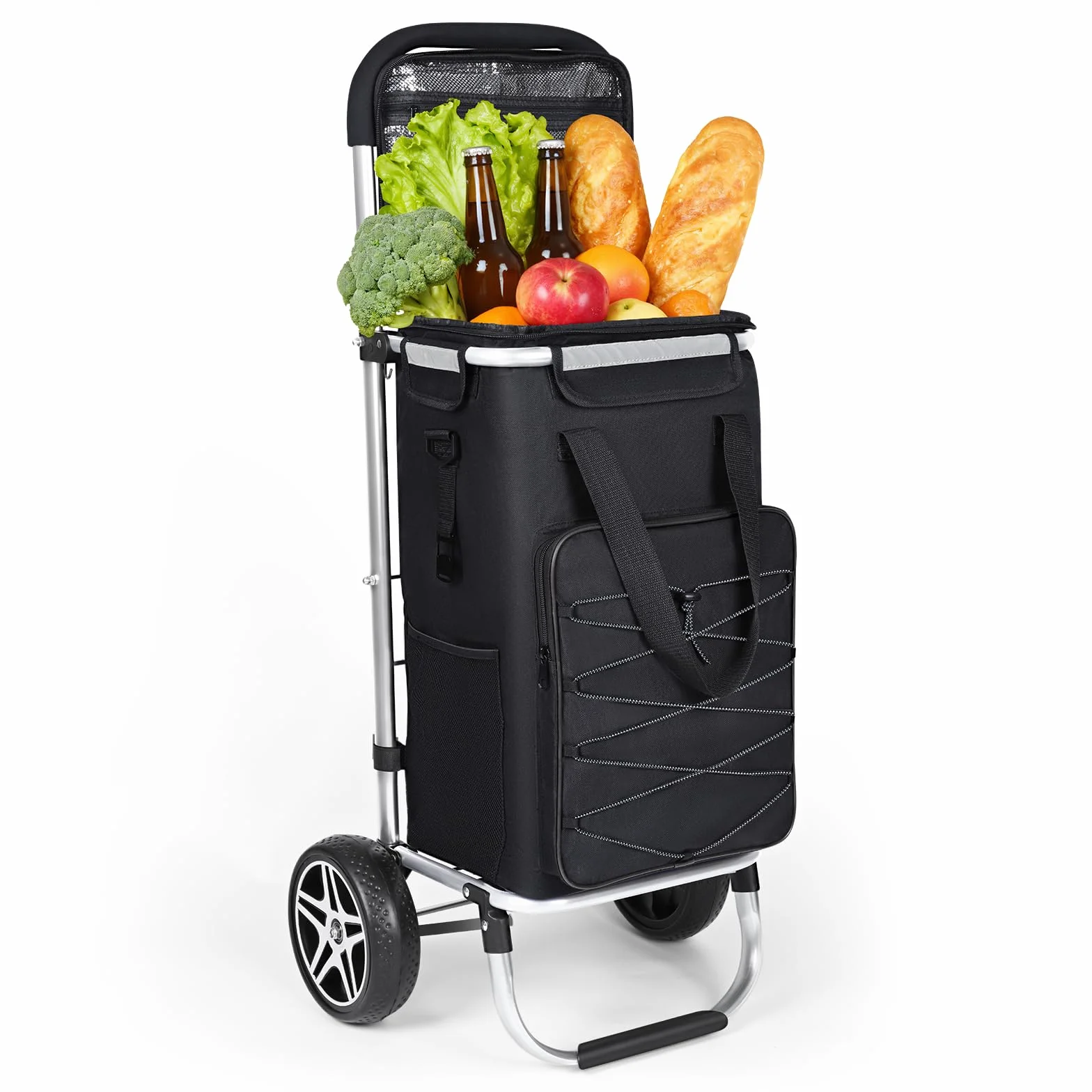 YEAUPE PRO Wózek na zakupy 3 w 1 z komorą chłodzącą, 50 l wózek na zakupy ze zdejmowaną torbą, maks. obciążenie 25 kg, w zestawie kieszenie boczne i otwieracz do butelek (czarny)