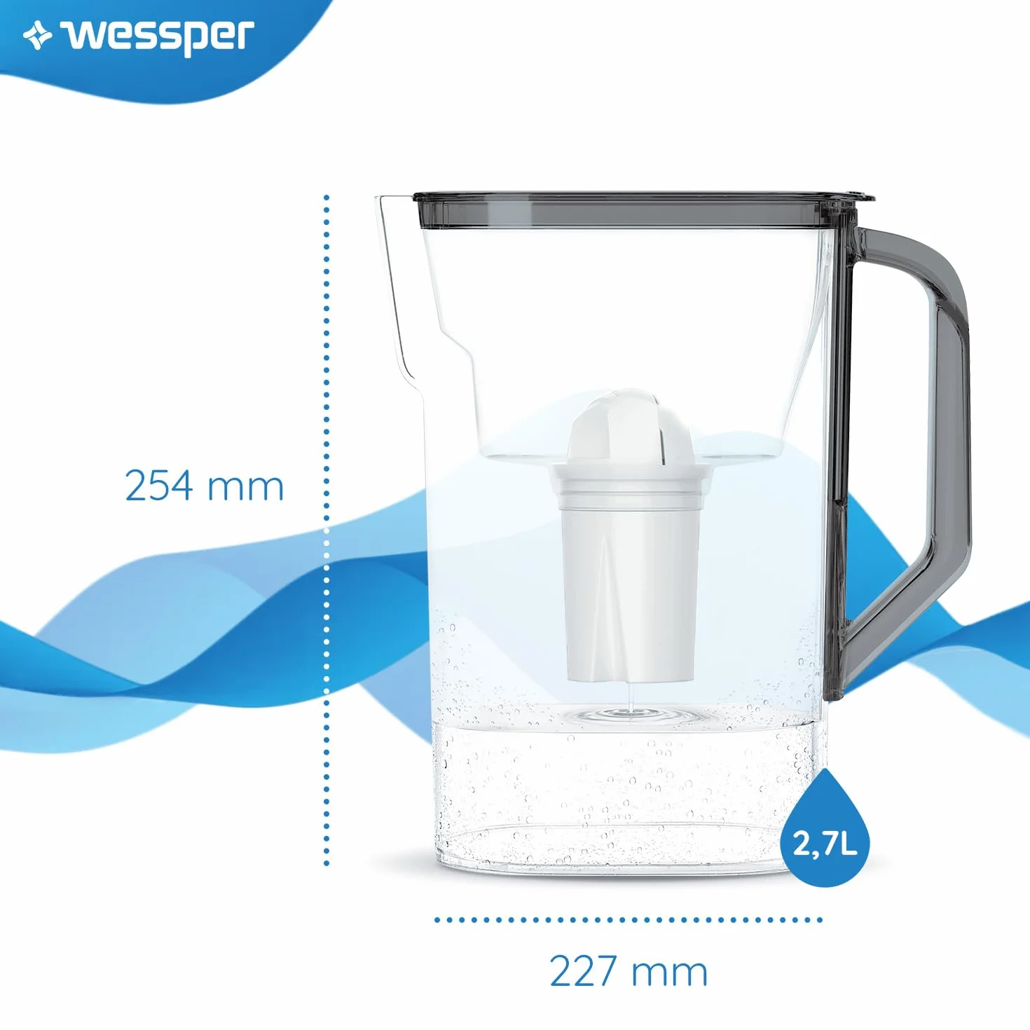 Wessper Dzbanek Filtrujący 2.7 L, Kompatybilny z filtrem Brita Classic na Drzwi Lodówki | Filtr do Wody Redukujący Kamień i Chlor, Filtrowana Woda | Dzbanek Filtrujący – Czarny