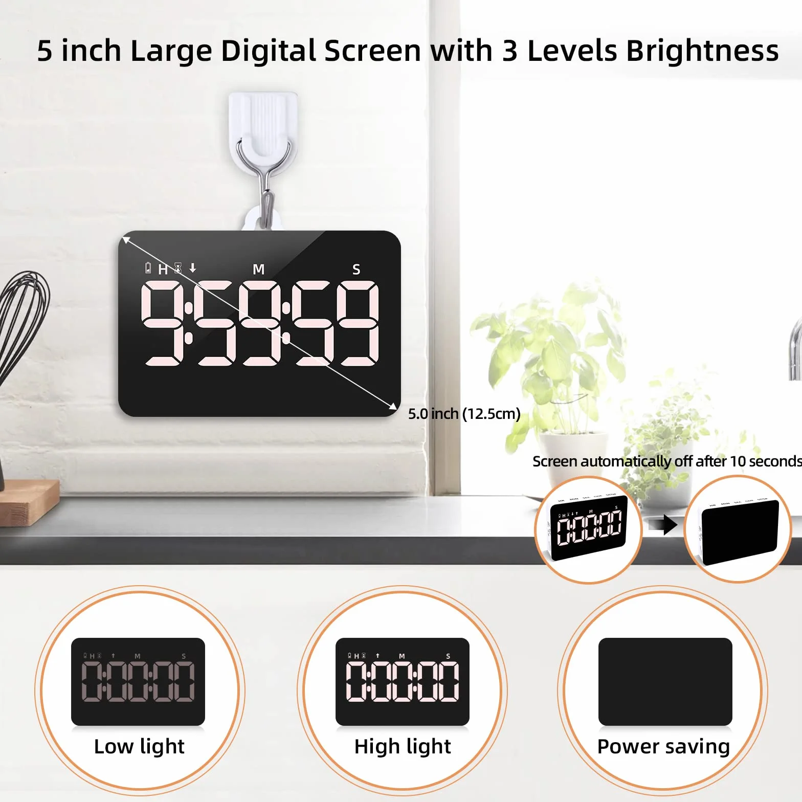 Cyfrowy timer kuchenny z możliwością wielokrotnego ładowania, magnetyczny timer z odliczaniem / do góry, czasomierz dla dzieci z wyświetlaczem LED 5", 3 jasności, 4 poziomy głośności, regulacja