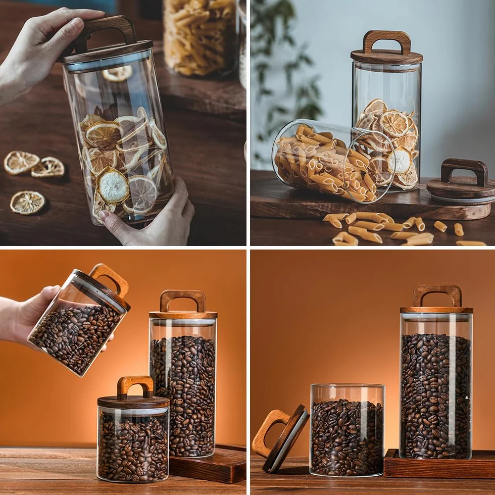 Słoiki na zapasy z pokrywkami, zestaw 3 sztuk, 700/800/1800 ml, szklane pojemniki z drewnianą pokrywką, hermetyczne pojemniki na przyprawy, pojemniki do przechowywania musli, fasoli