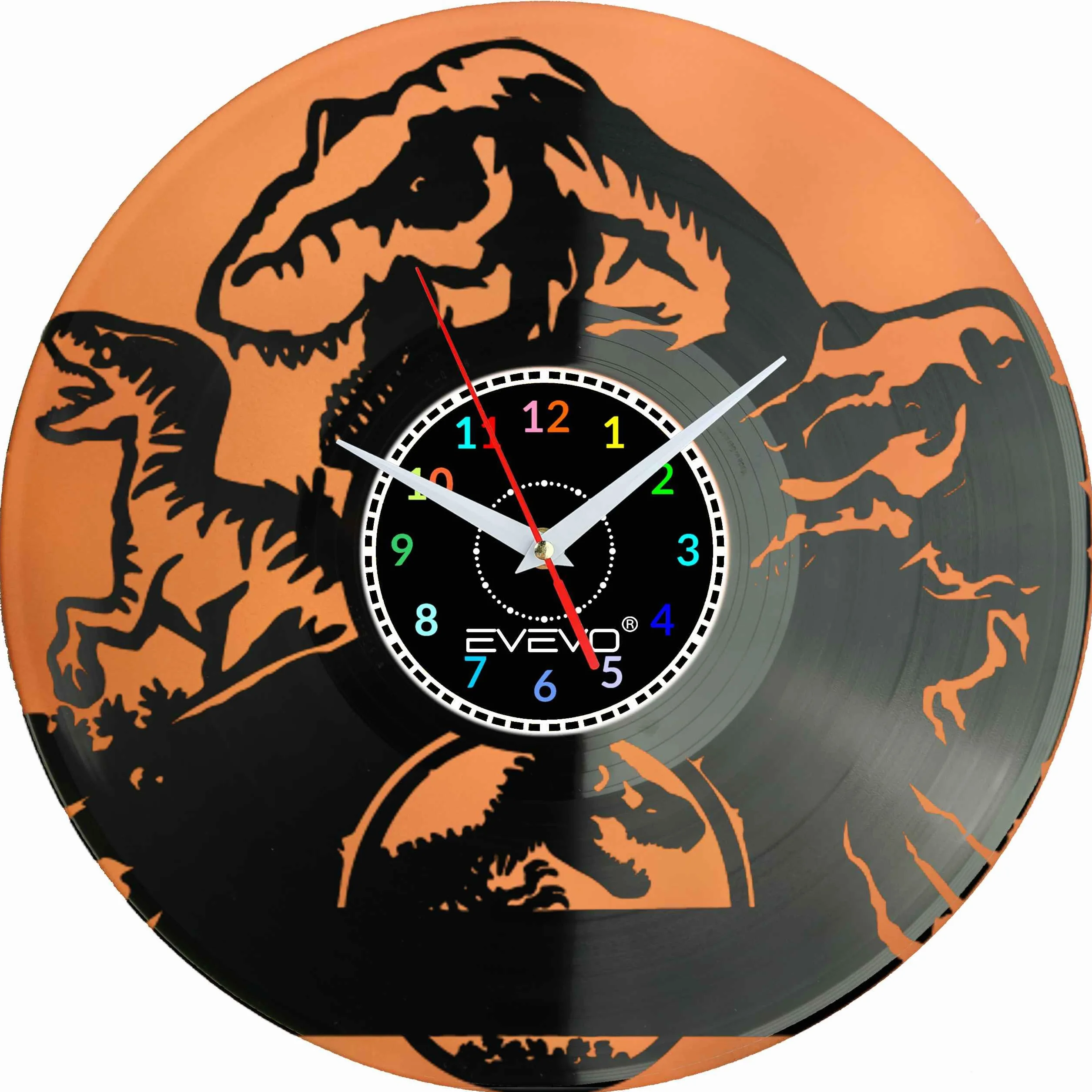ZEGAR ŚCIENNY DINOZAUR RAPTOR REX GAD PREHISTORYCZNY FLUORESCENCYJNE TŁO PŁYTA WINYLOWA PREZENT UPOMINEK SOUVENIR EVEVO F0070