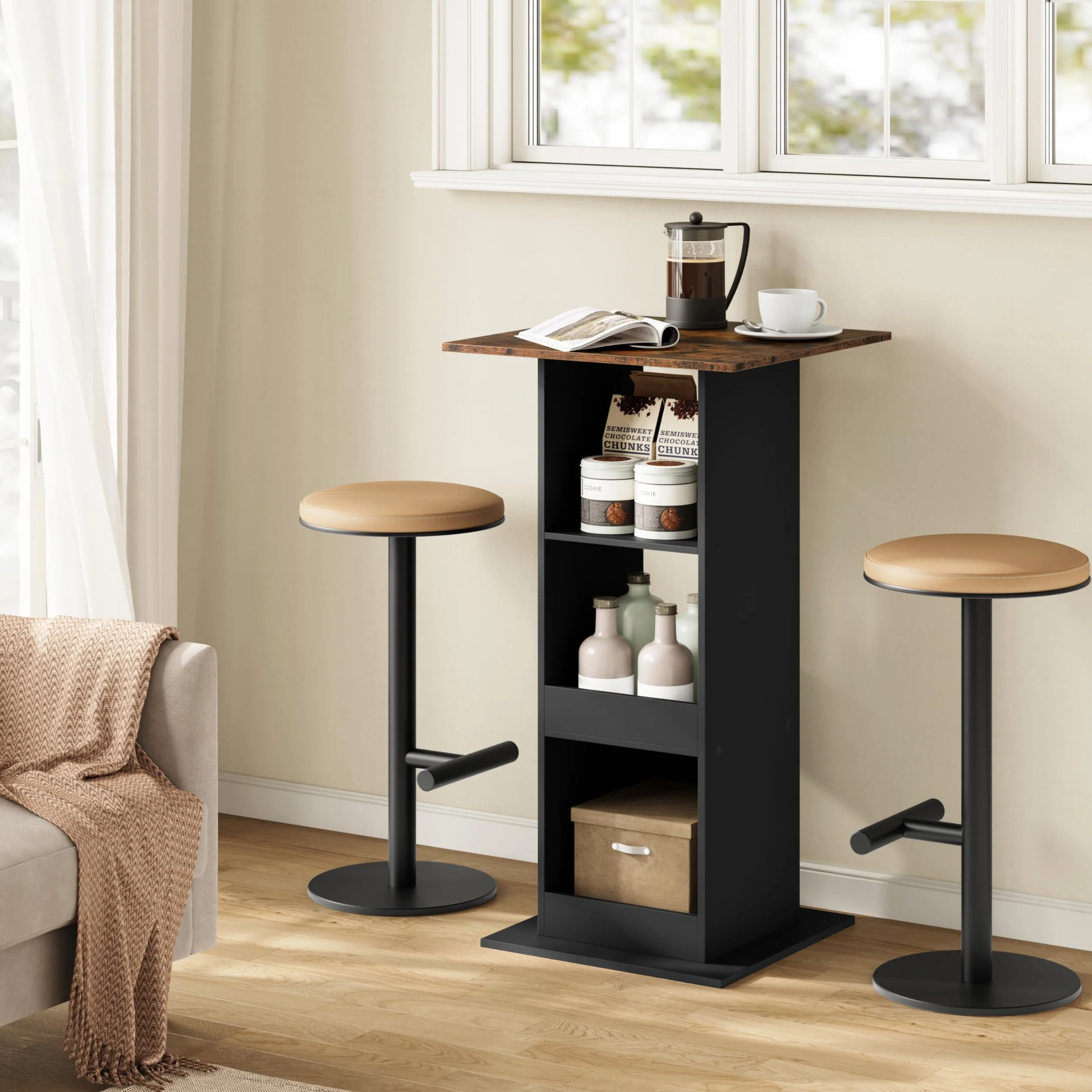 Stolik barowy bistro kwadratowy z 3 półkami wysokość 112 cm czarny rustykalny