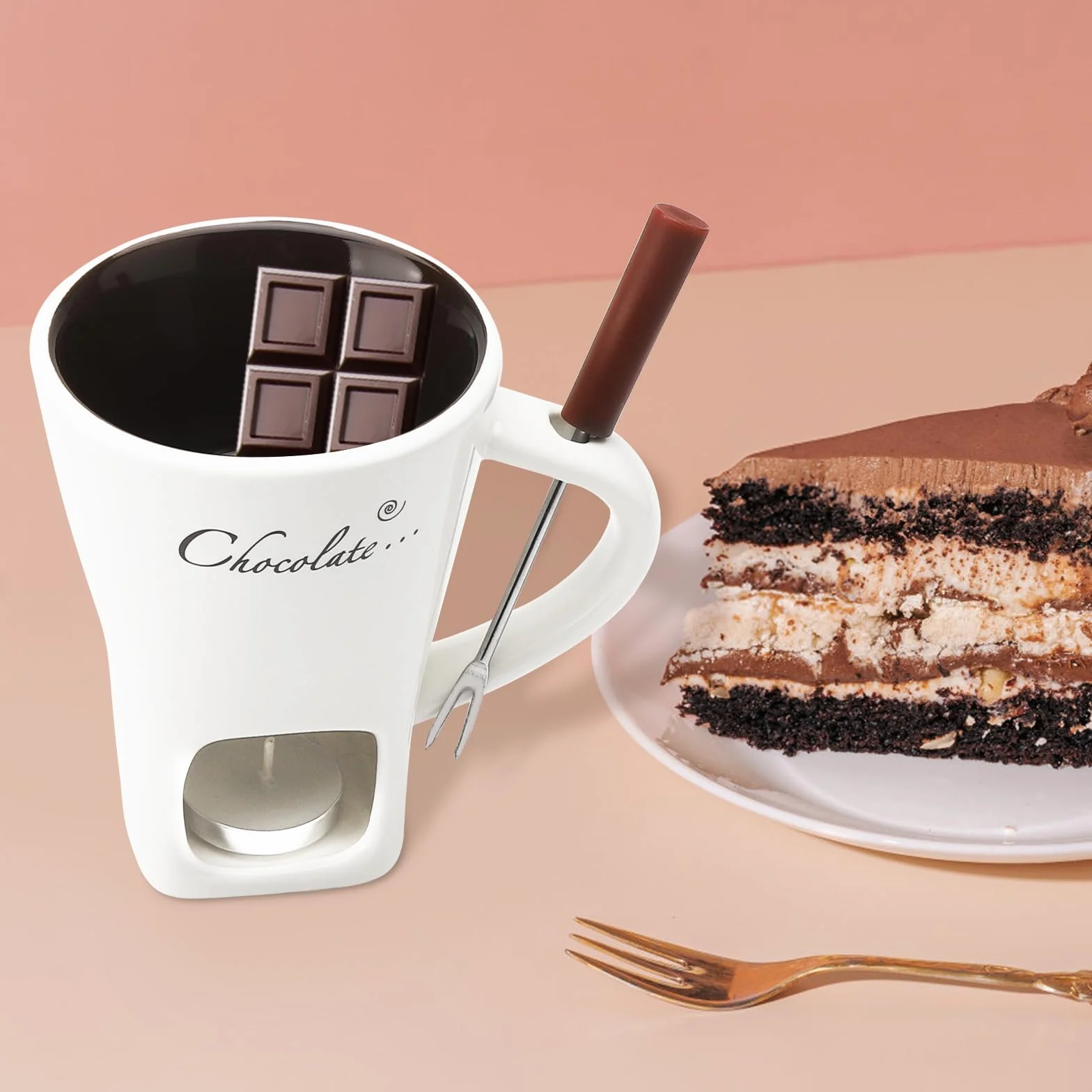 Filiżanka do fondue czekoladowego z widelcami, 200 ml, ceramiczny zestaw do czekoladowego fondue, kubek do topienia czekolady, zestaw do fondue z widelcem i podgrzewaczem, do sera, czekolady, masła