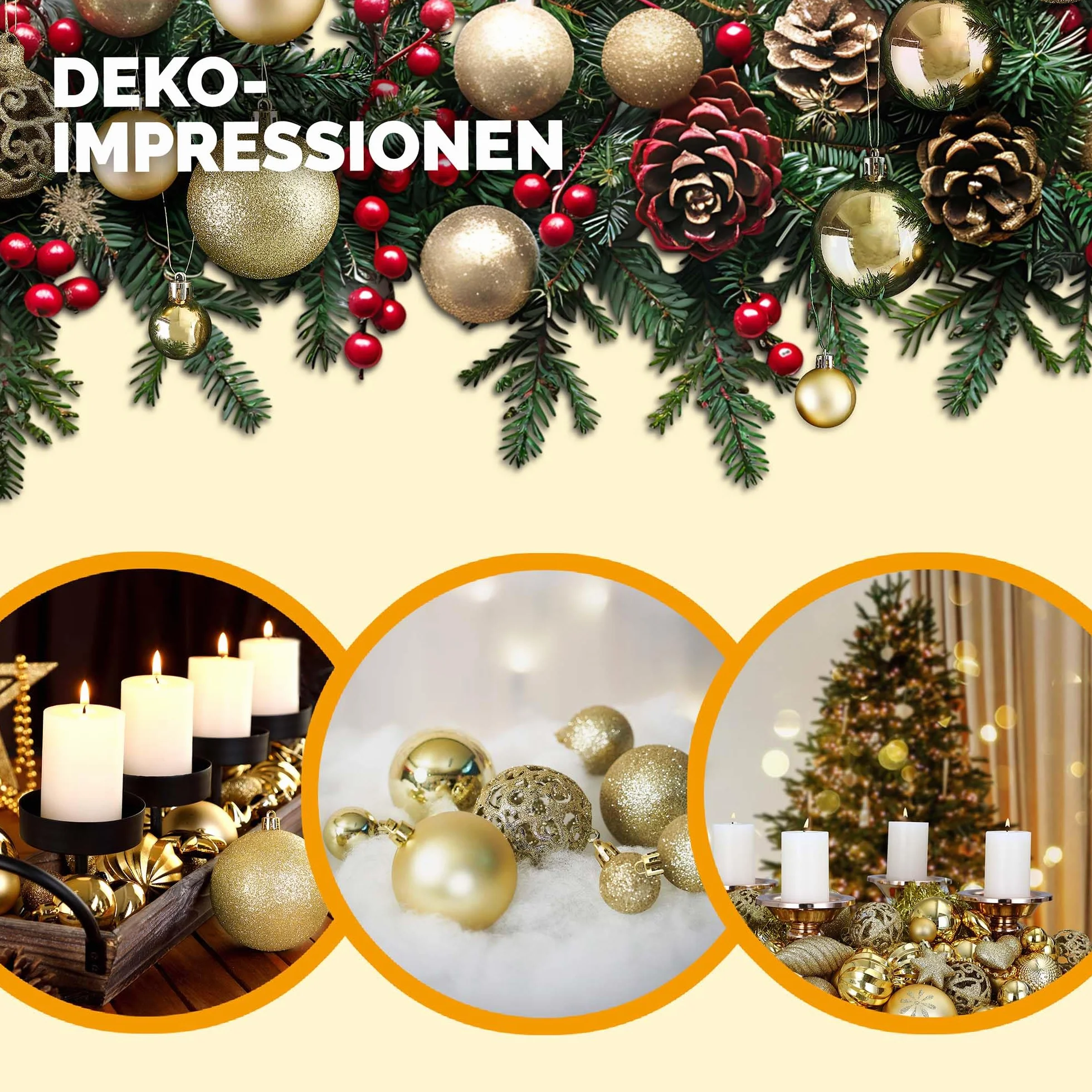 Deuba® Zestaw bombek choinkowych, 100 szt., bombki choinkowe, bombki z haczykami, świąteczne święta, do wewnątrz, na zewnątrz, wiszące ozdoby, 32 x Ø 30 mm, 36 x Ø 40 mm, 32 x Ø 60 mm, złote