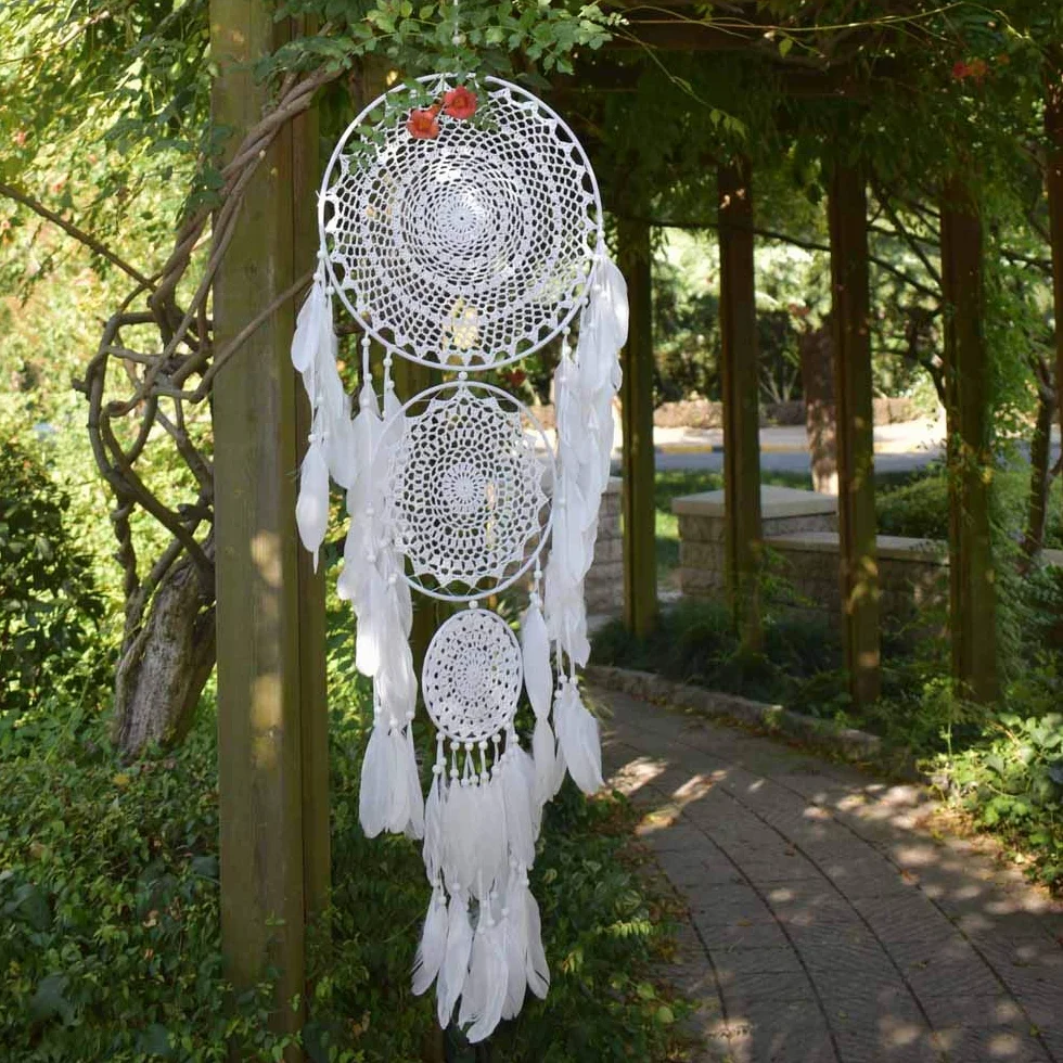 duży łapacz snów z białym piórem, 3 koła, makrama, do powieszenia na ścianie, w stylu Vintage, dekoracje ślubne, domu, 35 cm koło, 110 cm długości