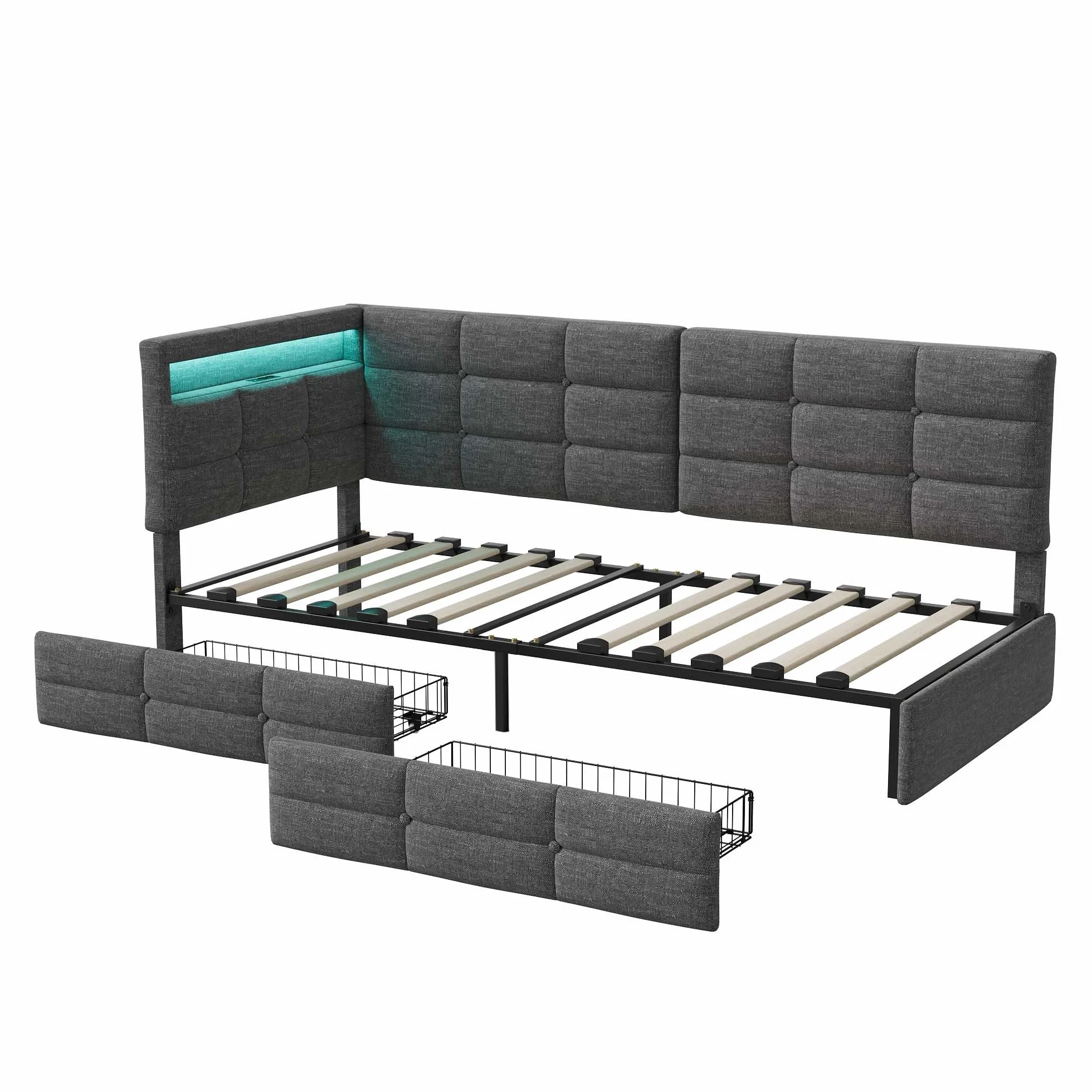 Łóżko dziecięce 90 x 200 cm z diodami LED i portem USB, 1-osobowa sofa 90 x 200 cm z 2 szufladami i stelażem, wyściełany zagłówek w kształcie litery L, dla nastolatków i dorosłych, lniane, szare