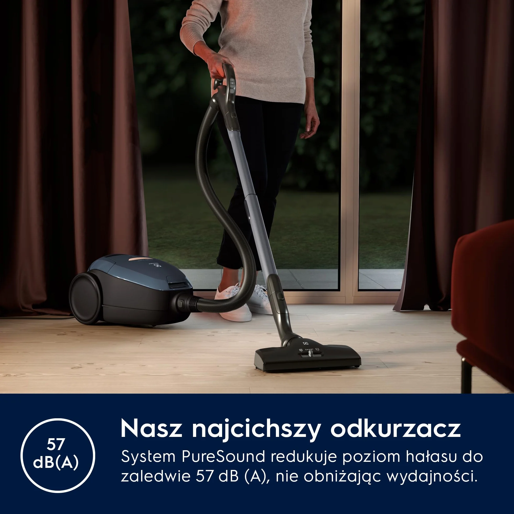 Electrolux Odkurzacz Workowy Pure D8 Silence PD82-8DB, Cicha praca 57dB, Moc 600 W, Automatyczna regulacja mocy, Zasięg 12 m, Szczotka do parkietów, Ssawka 3w1, Zmywalny filtr Hygiene 12, Niebieski