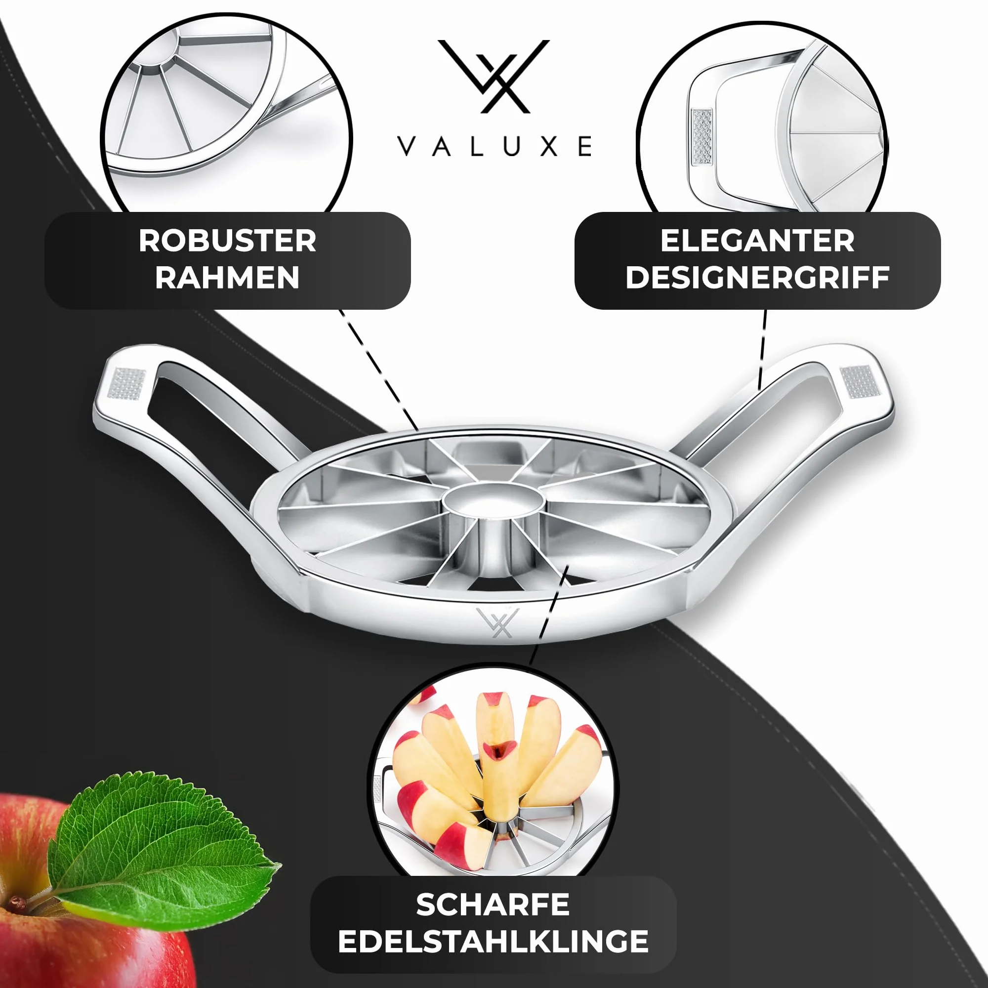 VALUXE® krojacy do jabłek - Premium krojacy do jabłek z ostrym ostrzem z nerwatury - Poręczny krojacy do jabłek na 10 równych kawałków - krojacy do jabłek, krojacy do jabłek