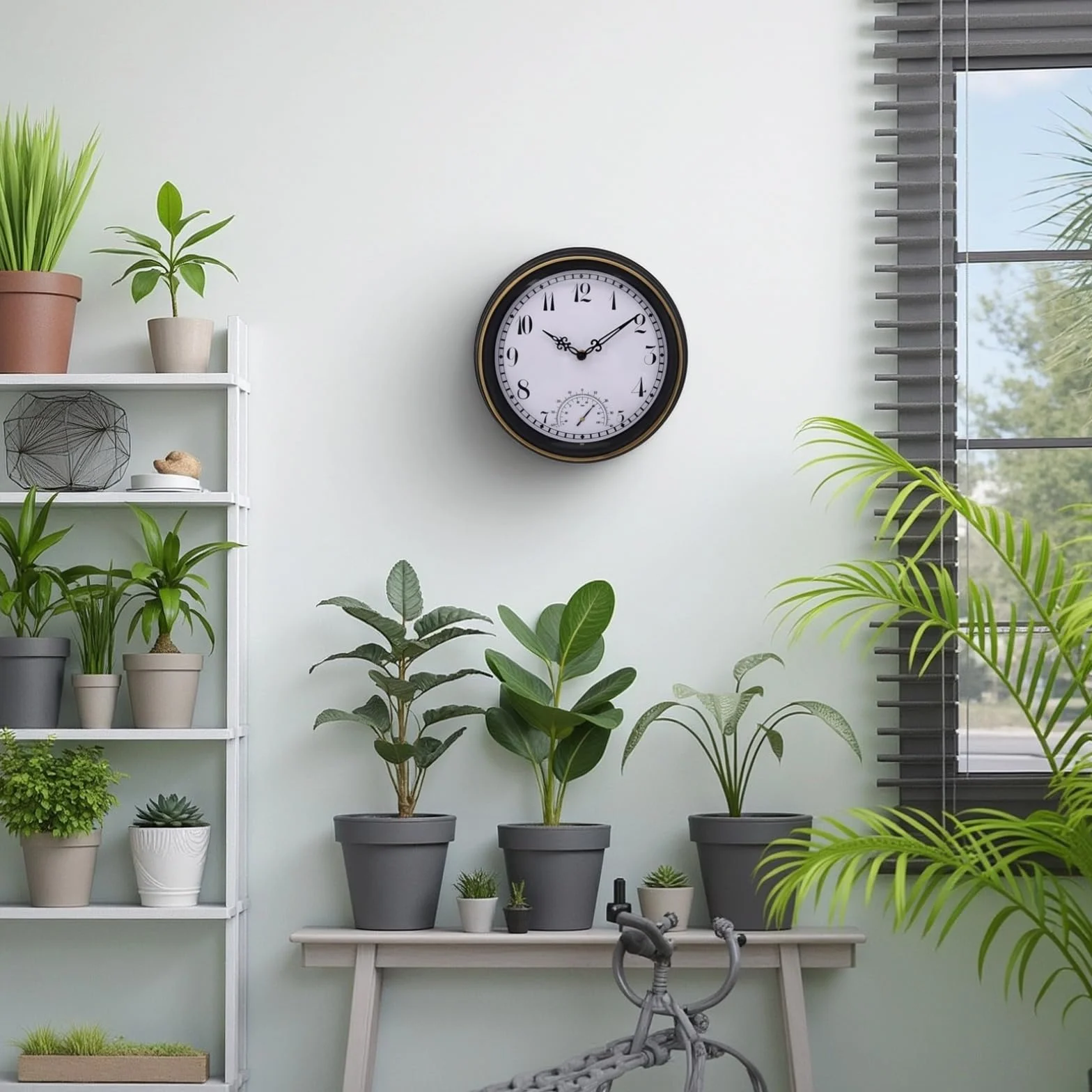Zegar ścienny zewnętrzny wodoodporny, z termometrem, 30 cm / 30,5 cm, okrągły złoty, czarny i duże numery ramek z PCW, do ogrodu, patio i zegara, styl vintage