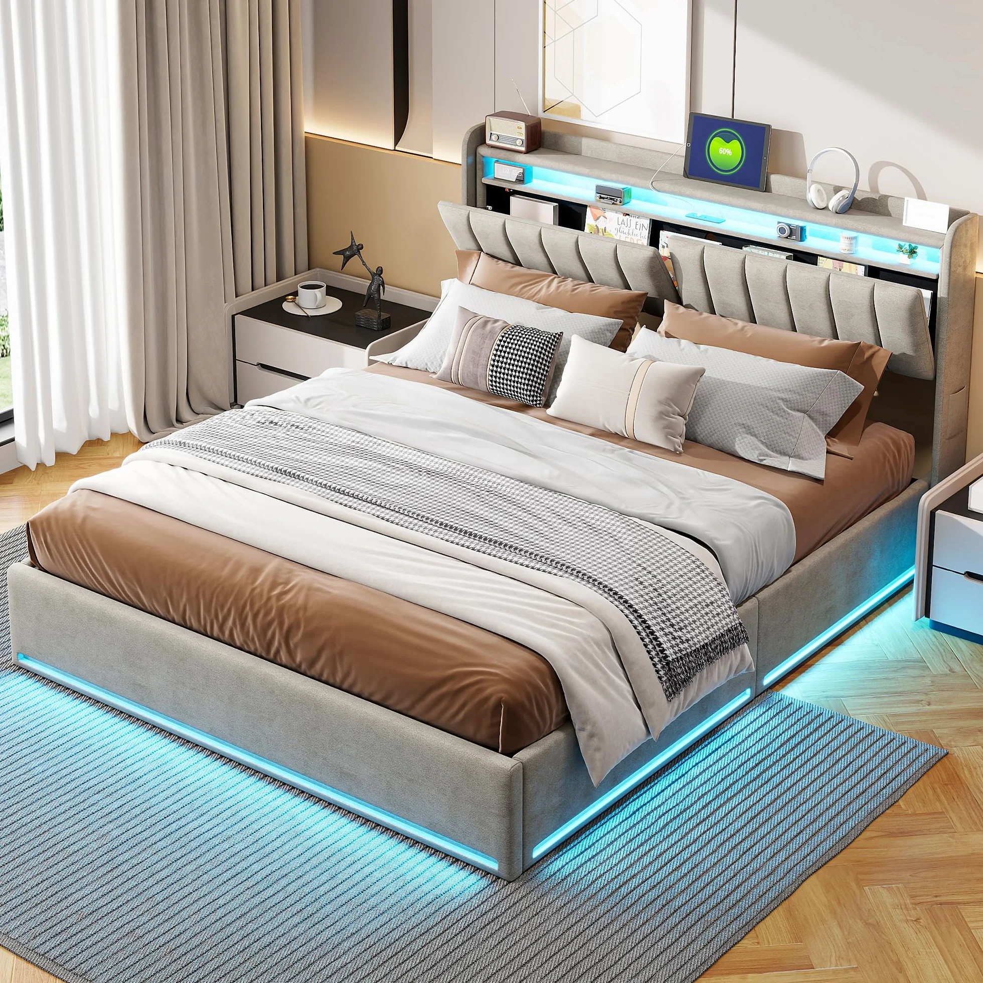 Łóżko 160x200 z pojemnikiem i oświetleniem LED,łóżko podwójne z tapicerowanym zagłówkiem,łóżko podwójne z listwowym stelażem dla dorosłych i nastolatków,hydraulicznie tapicerowana rama łóżka