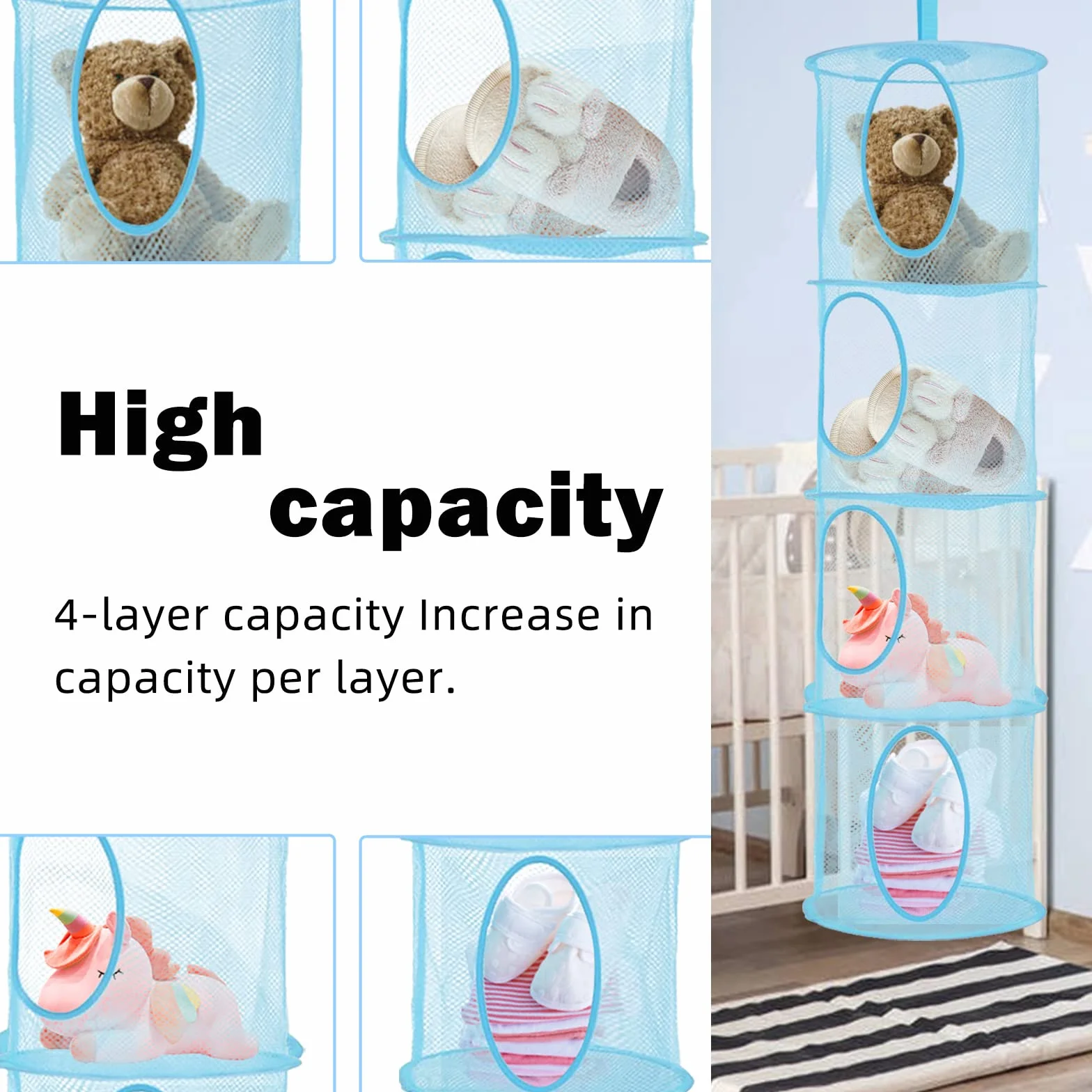 NEUSID Wiszący organizer z 4 przegródkami, wisząca torba do przechowywania przytulanek, wiszący kosz do przechowywania dla dzieci do pokoju dziecięcego, łazienki, na balkon (niebieski)