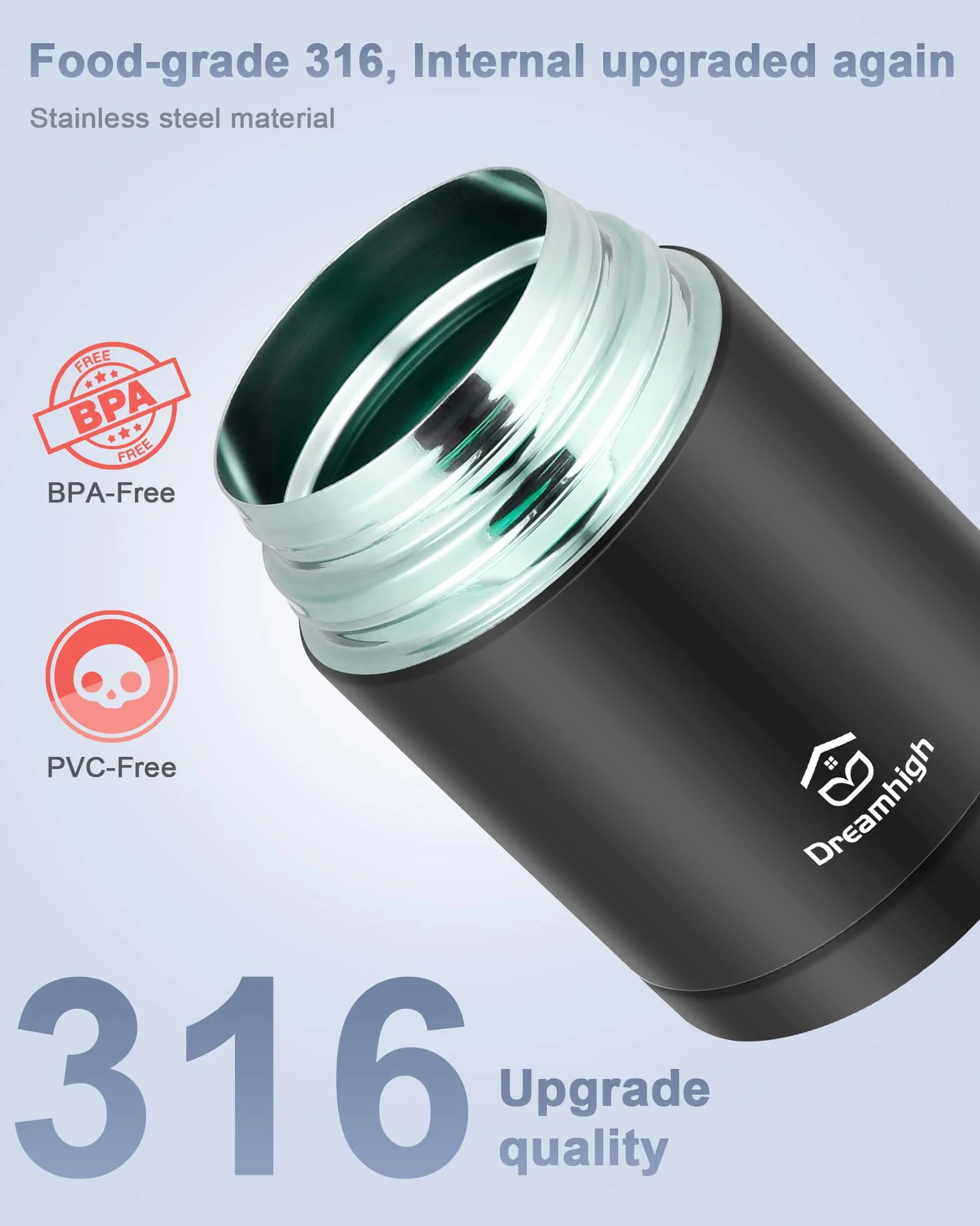Dreamhigh® Termos na żywność, 800 ml, termos na zupę z łyżką, izolowany próżniowo pojemnik na żywność ze stali nierdzewnej, szczelny, z torbą do noszenia, utrzymuje gorące/zimne przez 12 godzin