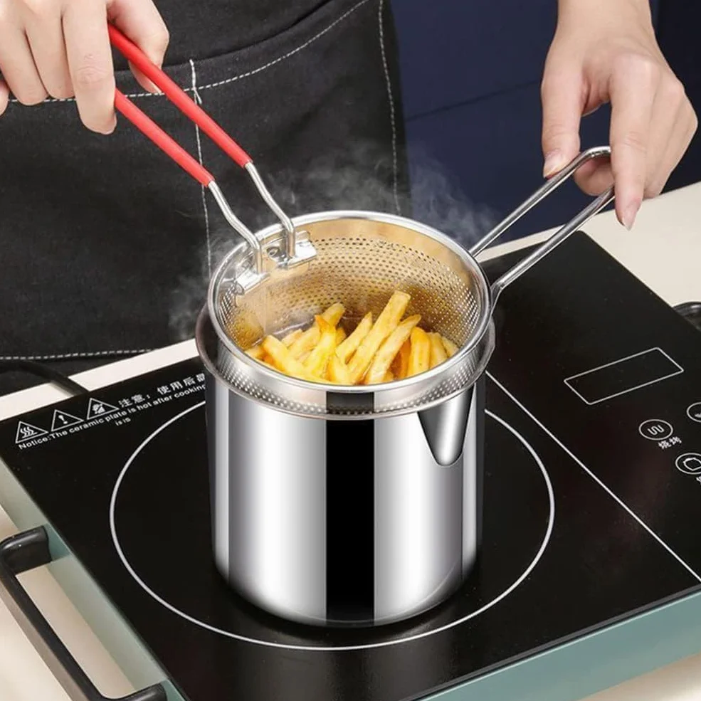 Frytkownica ze stali nierdzewnej z koszem na sitko, japońska frytkownica Tempura do smażenia ryb, krewetek, kurczaka i frytek (zestaw 4 sztuk: patelnia + sitko)