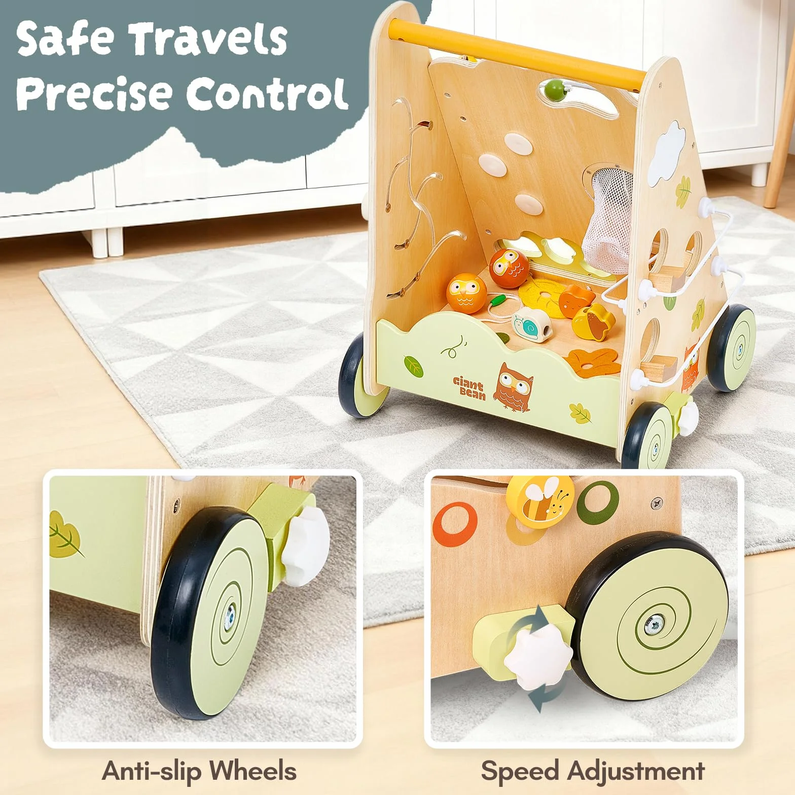 Drewniany chodzik dla dzieci Wooden Push Walker Wielokolorowy – Zabawka i pomoc w nauce chodzenia z centrum aktywności 8-w-1, regulowana prędkość i antypoślizgowe kółka dla dzieci od 1 roku życia