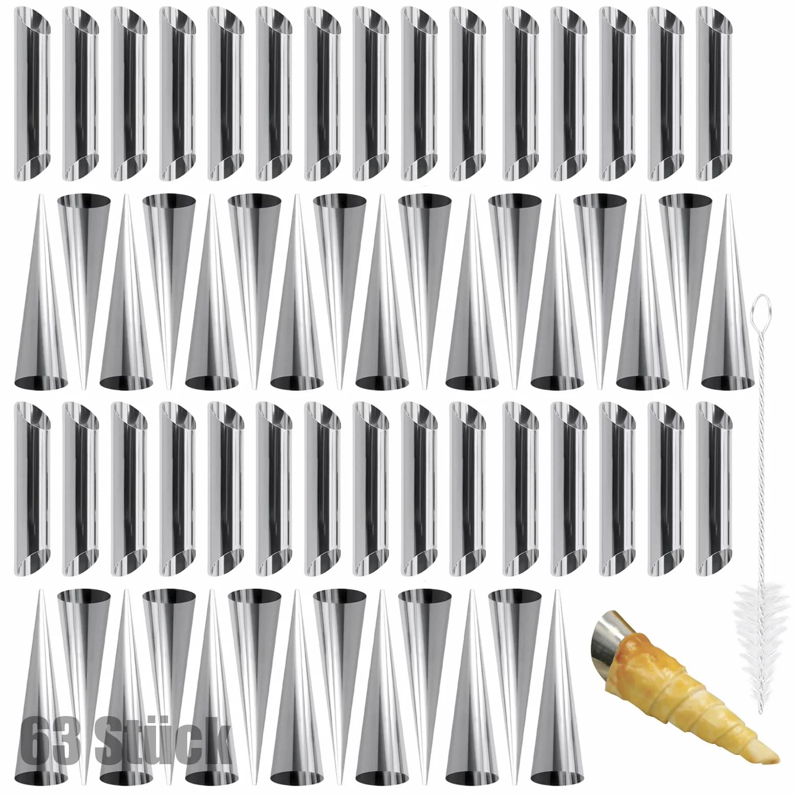 Cannoli 63 formy do pieczenia ze stali nierdzewnej, foremki do pieczenia Cannoli, zestaw rolek piankowych, rurki Cannoli, forma wkr?cana z 3 szczotkami do czyszczenia, kszta?t sto?ka do