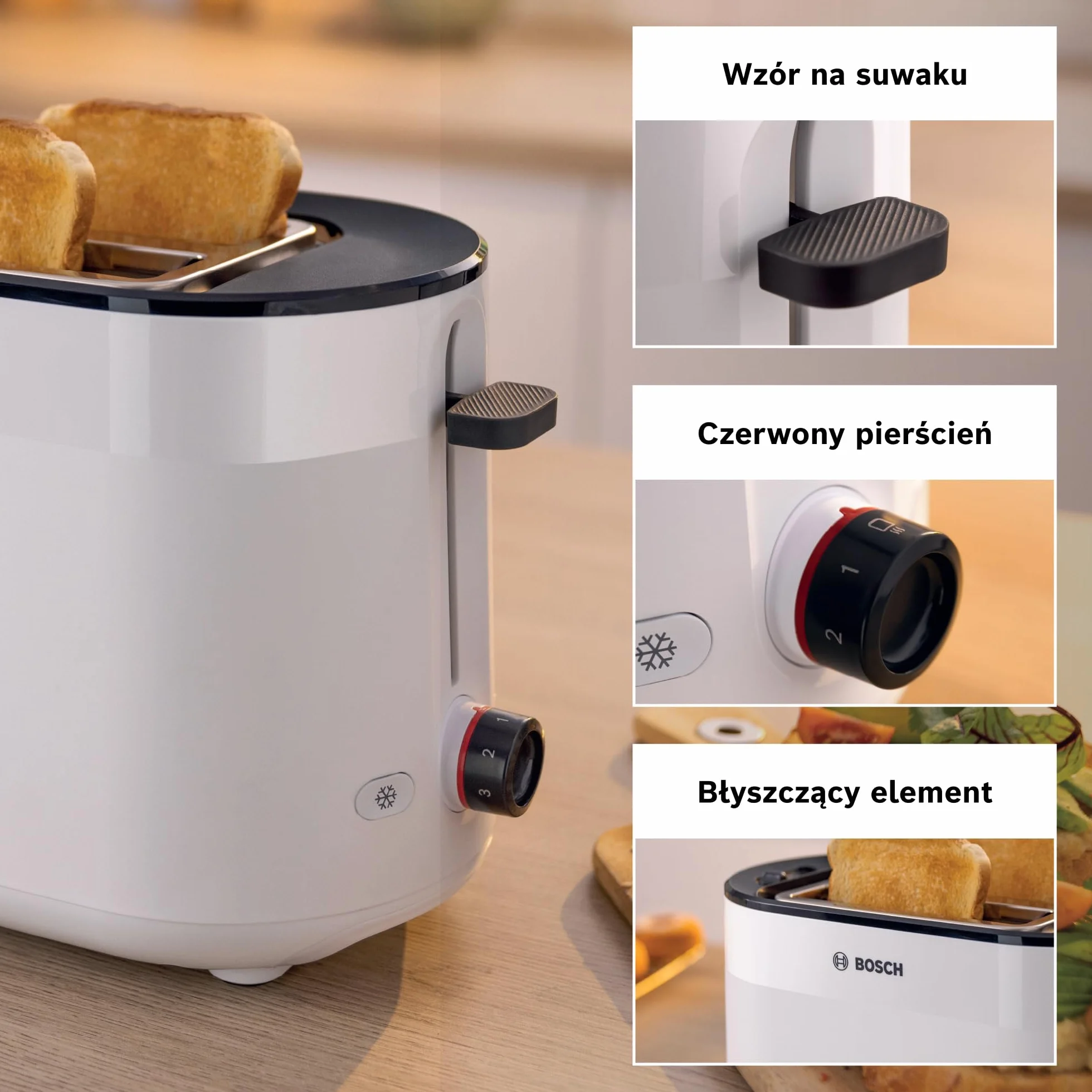 Bosch, toster, MyMoment, pojemnik na 2 kromki, podgrzewanie, rozmrażanie, ruszt na bułki, funkcja wysokiego podnoszenia, automatyczne wyłączanie, biały, TAT2M121