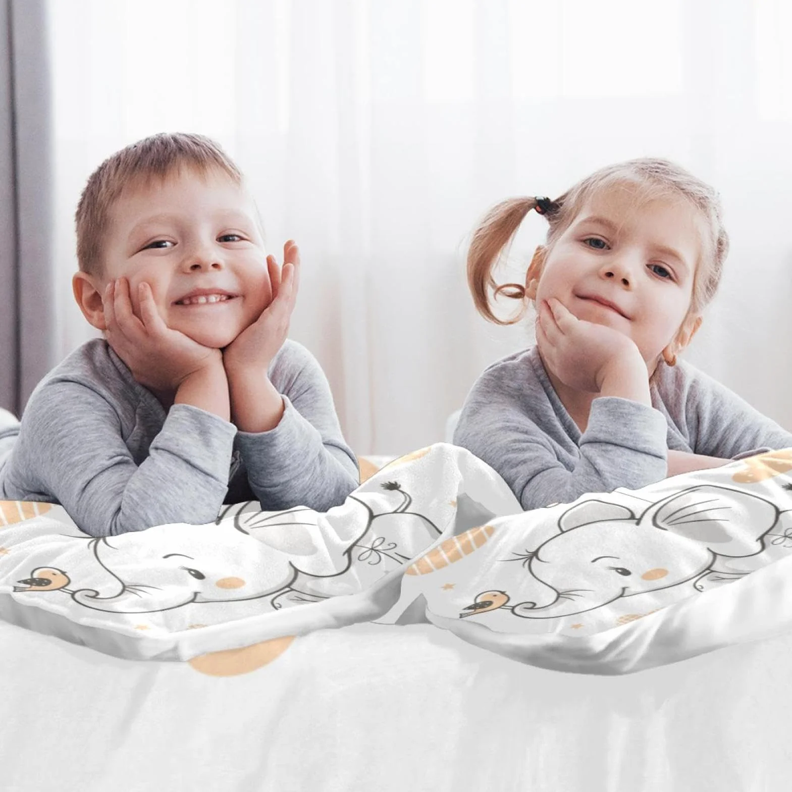 3 szt. zestaw poszewek na kołdrę typu queen, oddychający zestaw pościeli Tencel z 2 poszewkami na poduszki, niegniotące się zestawy pościeli dla dzieci, nastolatków, uroczych słoni, niemowląt, 3 szt