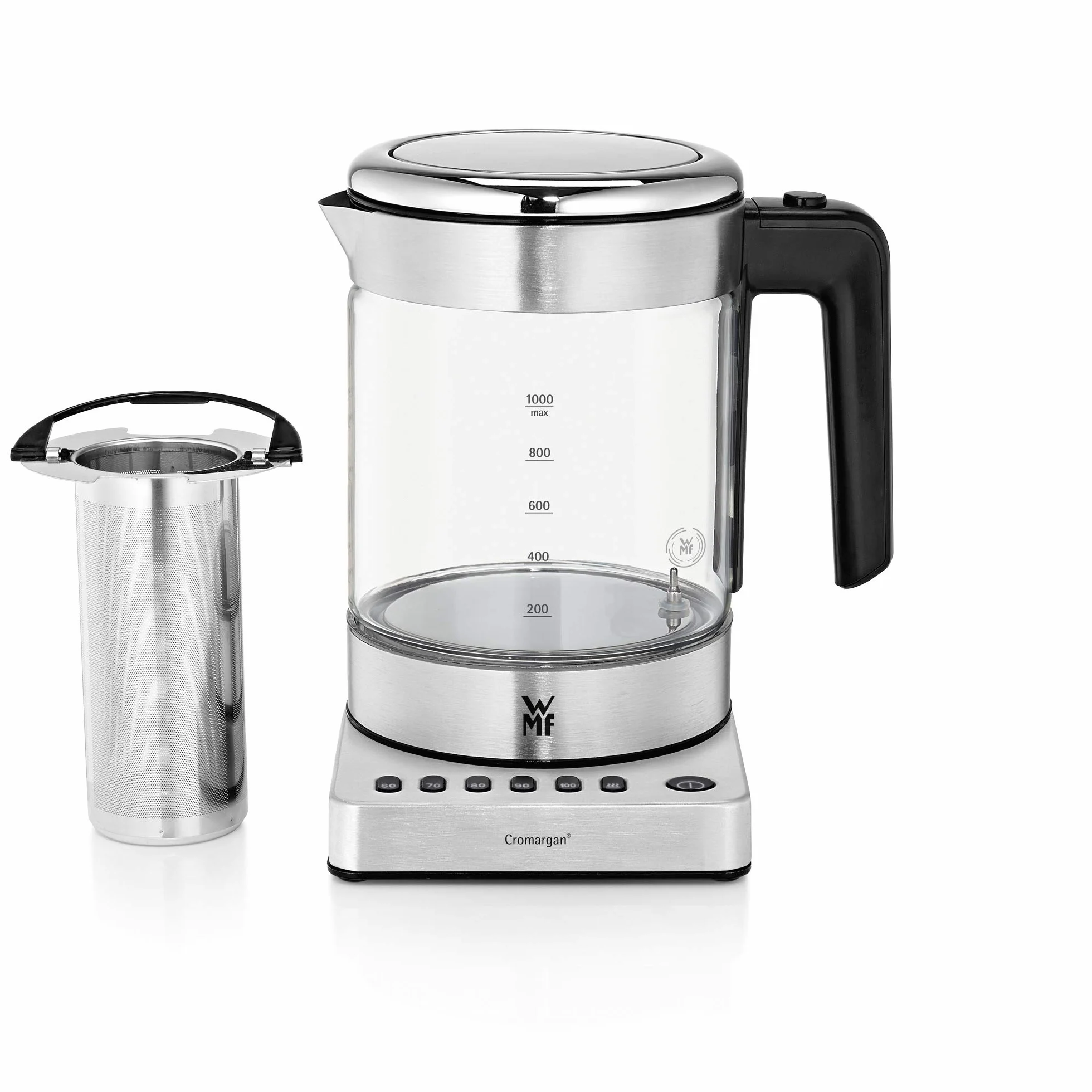 WMF Küchenminis Vario czajnik elektryczny 2 w 1 z regulacją temperatury, 1 l, 1900 W, zaparzacz do herbaty z regulacją temperatury, szkło, z uchwytem na torebki herbaty i sitkiem