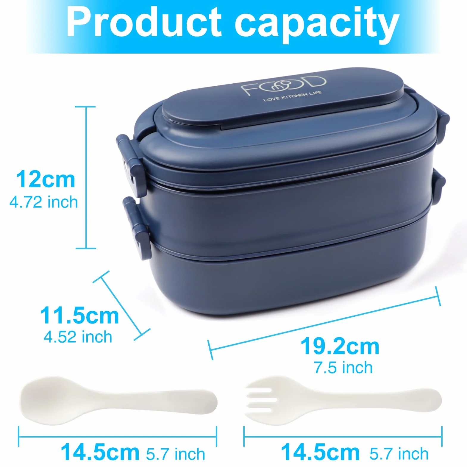 2-warstwowe pudełko na lunch: Pudełko na lunch 1550 ml z 3 przegródkami i zestawem sztućców; plastikowy pojemnik na lunch dla dorosłych z przegródkami bez BPA; szczelny pojemnik na lunch dla dorosłych, mężczyzn i kobiet (niebieski)