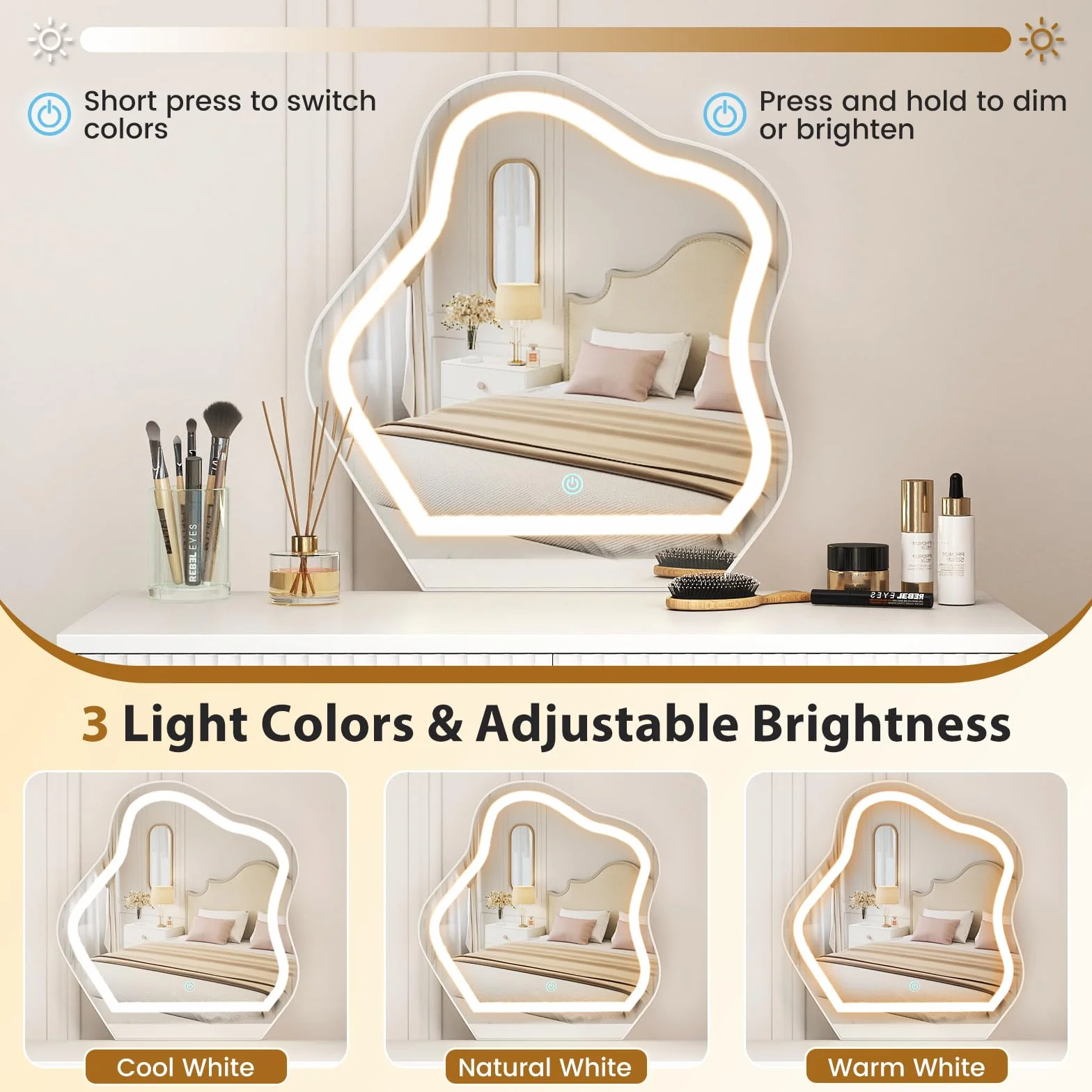GIANTEX Toaletka z lustrem LED, 3 kolory, nowoczesny stół do makijażu z 5 szufladami, 2 tacami, szafką i regulowanym oświetleniem, stanowisko do makijażu do sypialni i salonu