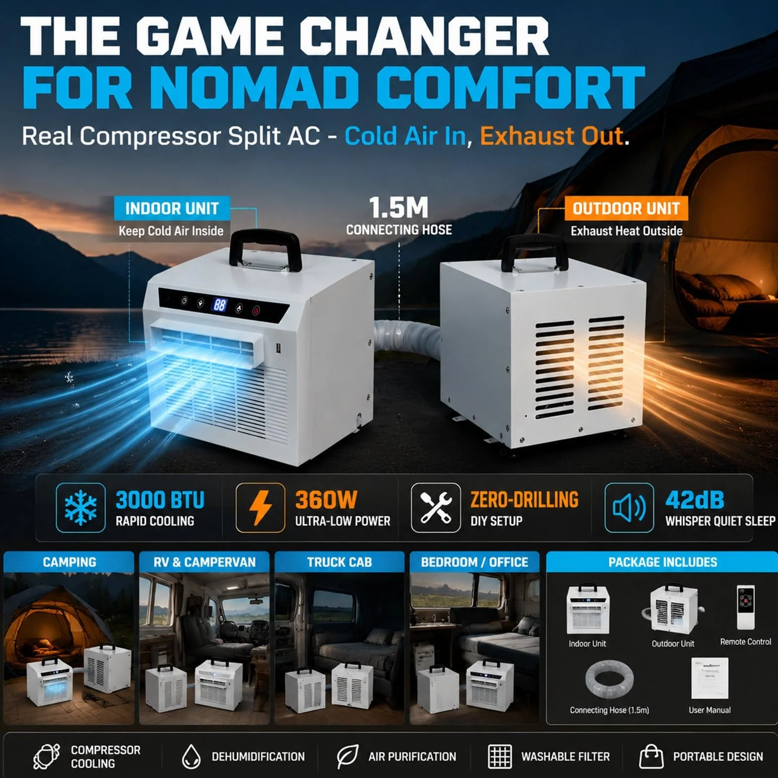 Mobilny Klimatyzator Split 3000 BTU, Chłodziciel Sypialnia Dom | Inteligentne Sterowanie Wzmocniony Uchwyt Ekran Dotykowy I Timer 1-12h Z Trybem Oszczędzania Soft-Light