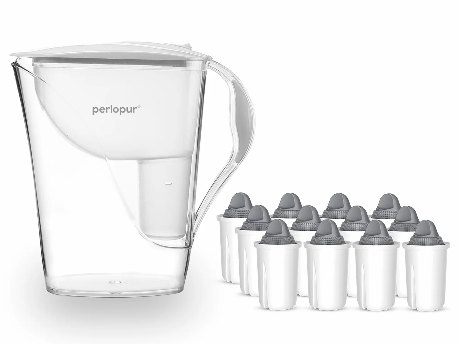 PearlCo - Filtr do wody Fashion (biały) z 12 wkładami filtrującymi Protect+ Classic (do bardzo twardej wody) – pasuje do Brita Classic