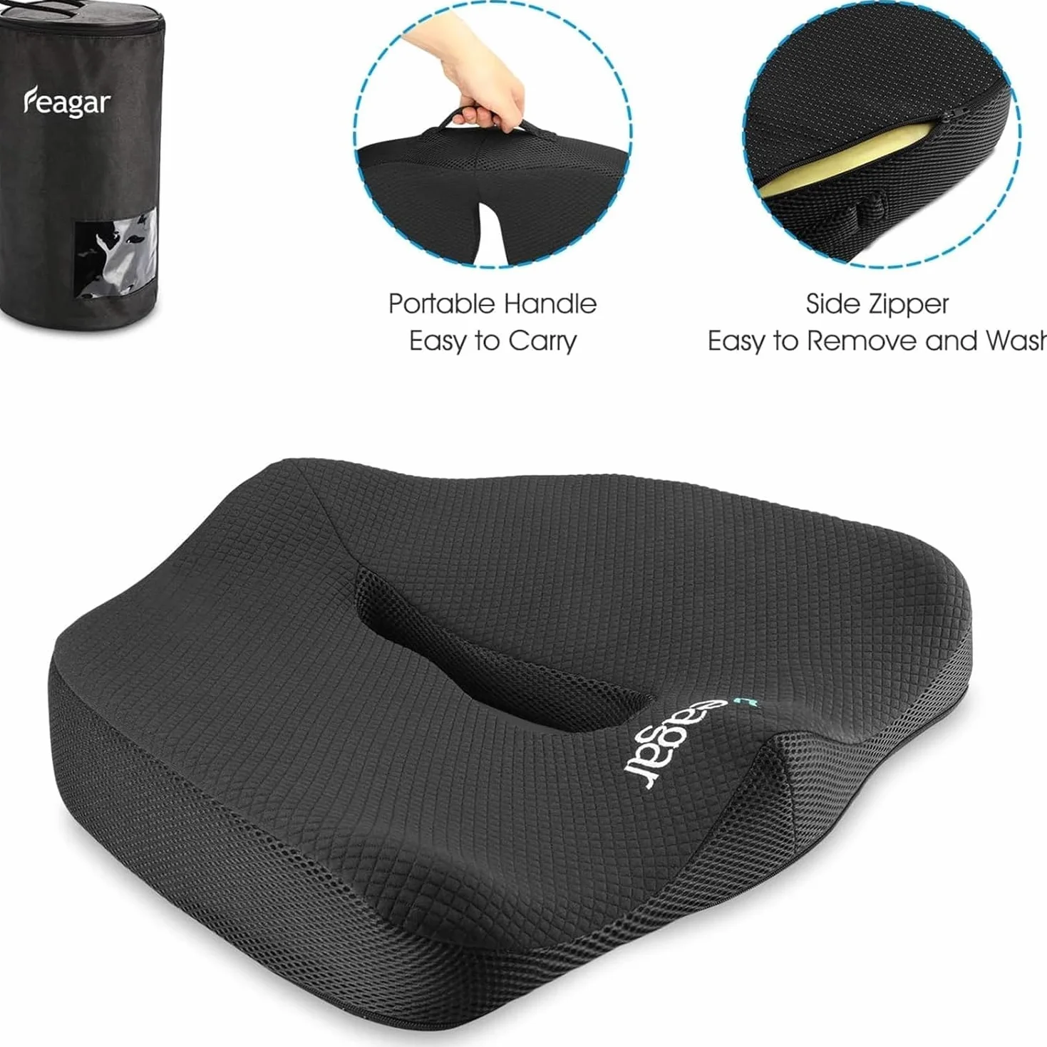 Feagar, poduszka na krzesło z pianki z pamięcią, ergonomiczna poduszka na fotel samochodowy, dla kierowcy, do wózka inwalidzkiego, poduszka na rwę kulszową, poduszka do siedzenia, czarna