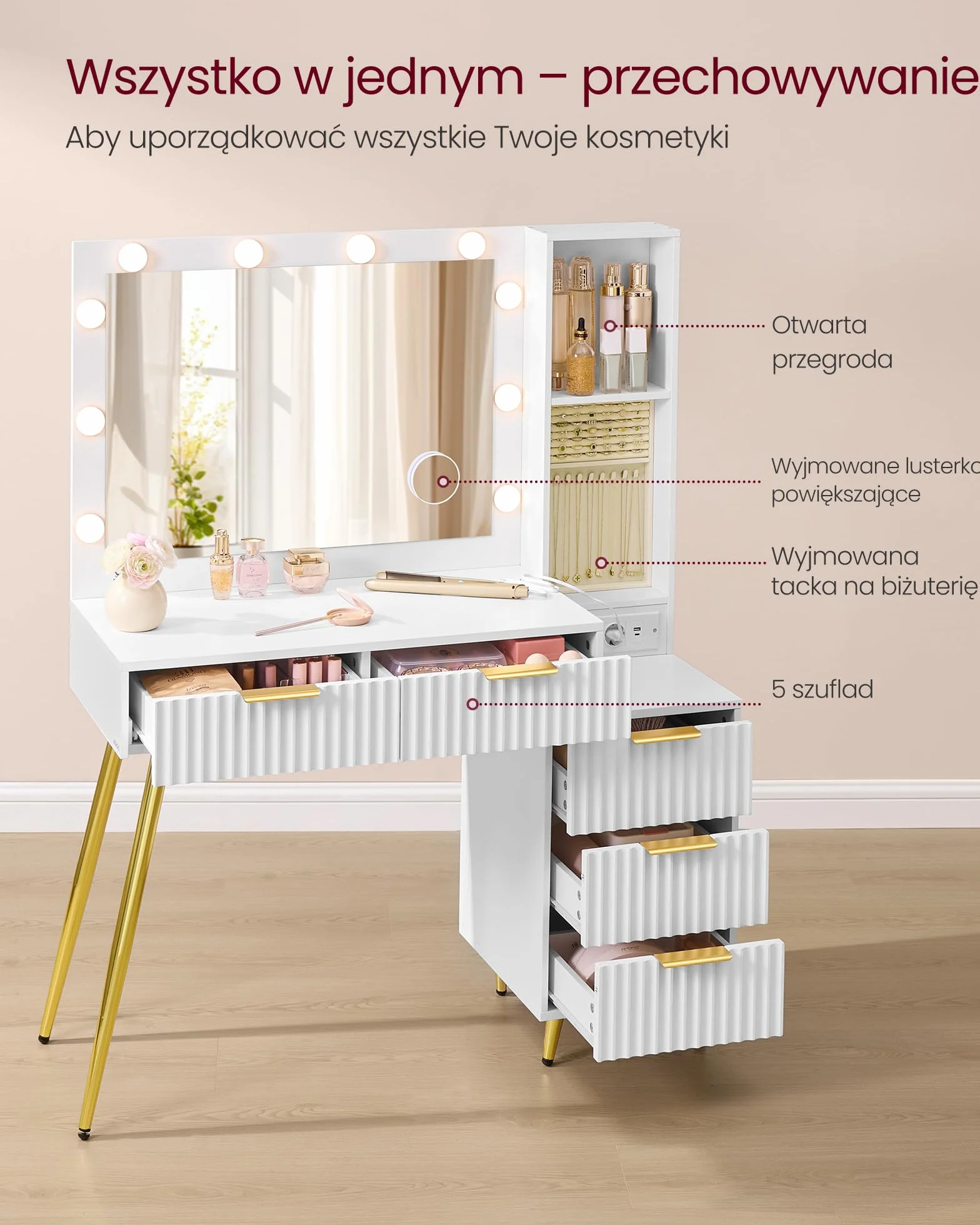 VASAGLE Toaletka z lustrem i stołkiem, stół do makijażu z szufladami, 10x lupa, oświetlenie LED, taca na biżuterię, listwa zasilająca, 40 x 110 x 135 cm, biała chmura RVT020WB01