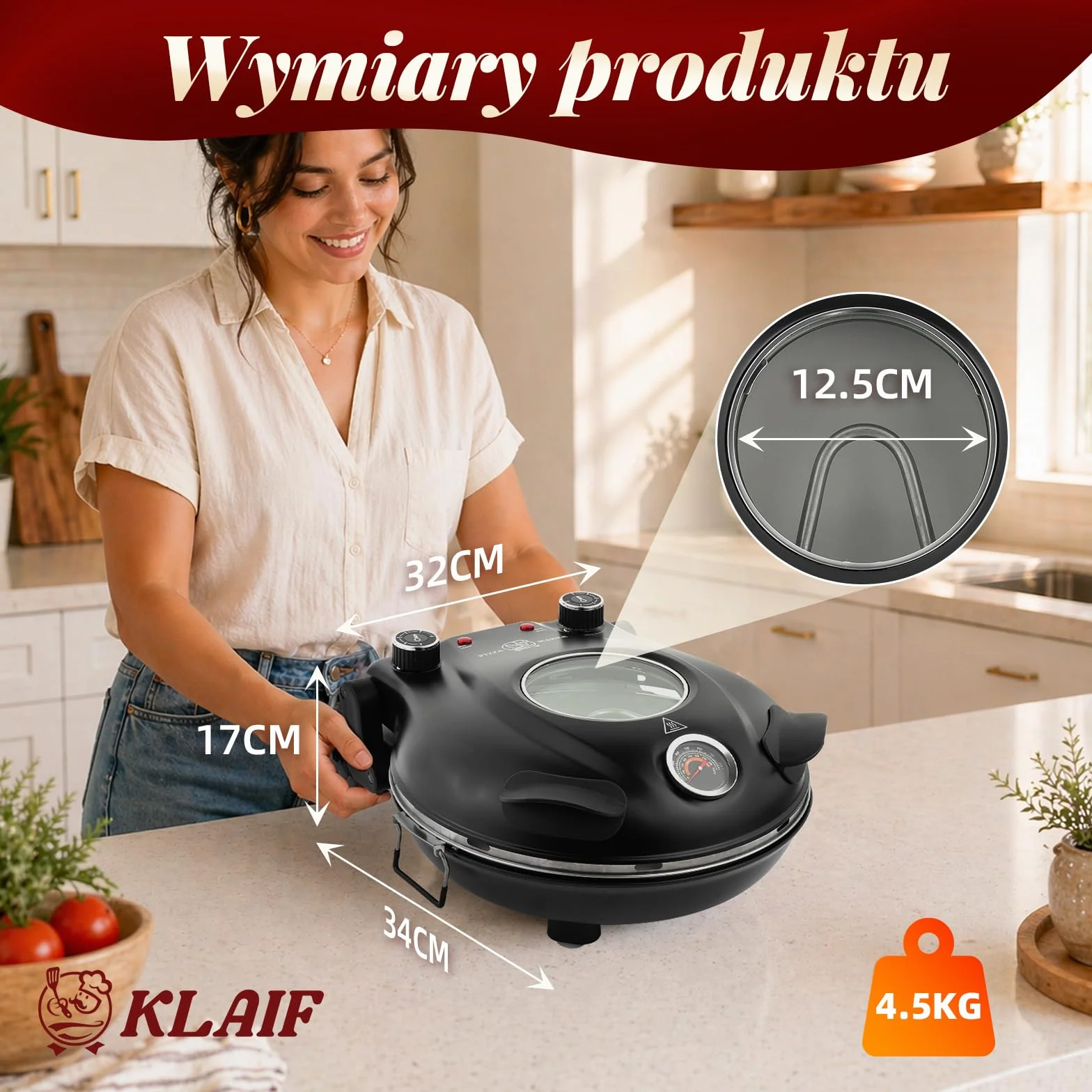 Klaif Elektryczny Piec do Pizzy, Termometr Widoczny & Szklane Okno, Ekspresowa 4-minutowa Piec do Pizzy z Kamieniem Ceramicznym 31cm, 5 Ustawień Temperatury (max 420°C), 1200W, LM-Czarny