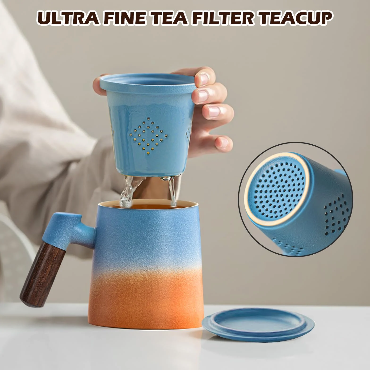 SUNOYA Filiżanka do herbaty z pokrywką i sitkiem, 400 ml, drewniany uchwyt, kubek do herbaty, matowa ceramiczna filiżanka