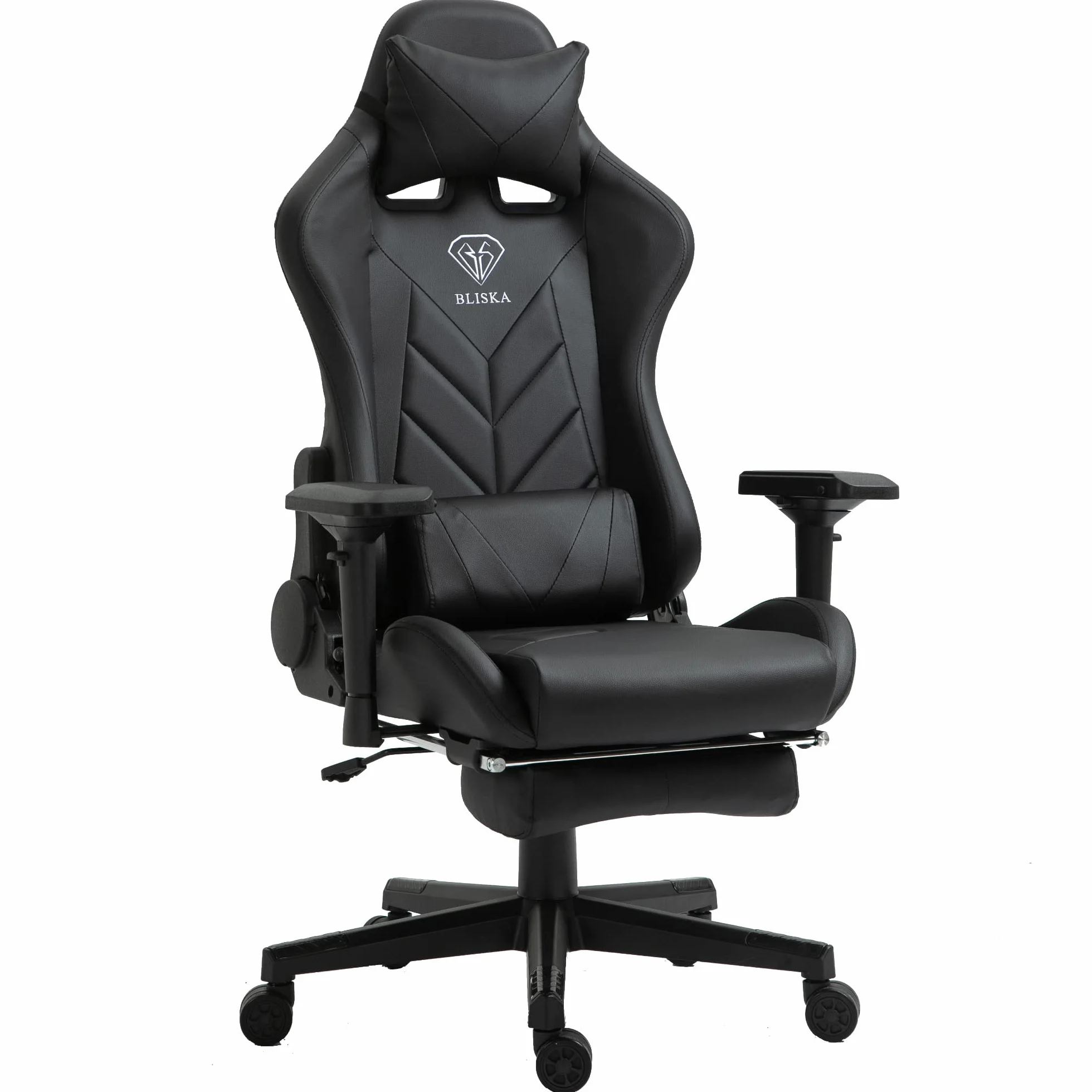 Fotel gamingowy z podnóżkiem i ergonomicznymi podłokietnikami 4D, ergonomiczne, sportowe siedzisko, krzesło dla graczy z regulowaną poduszką podpierającą plecy, krzesło biurowe, kolor: czarny