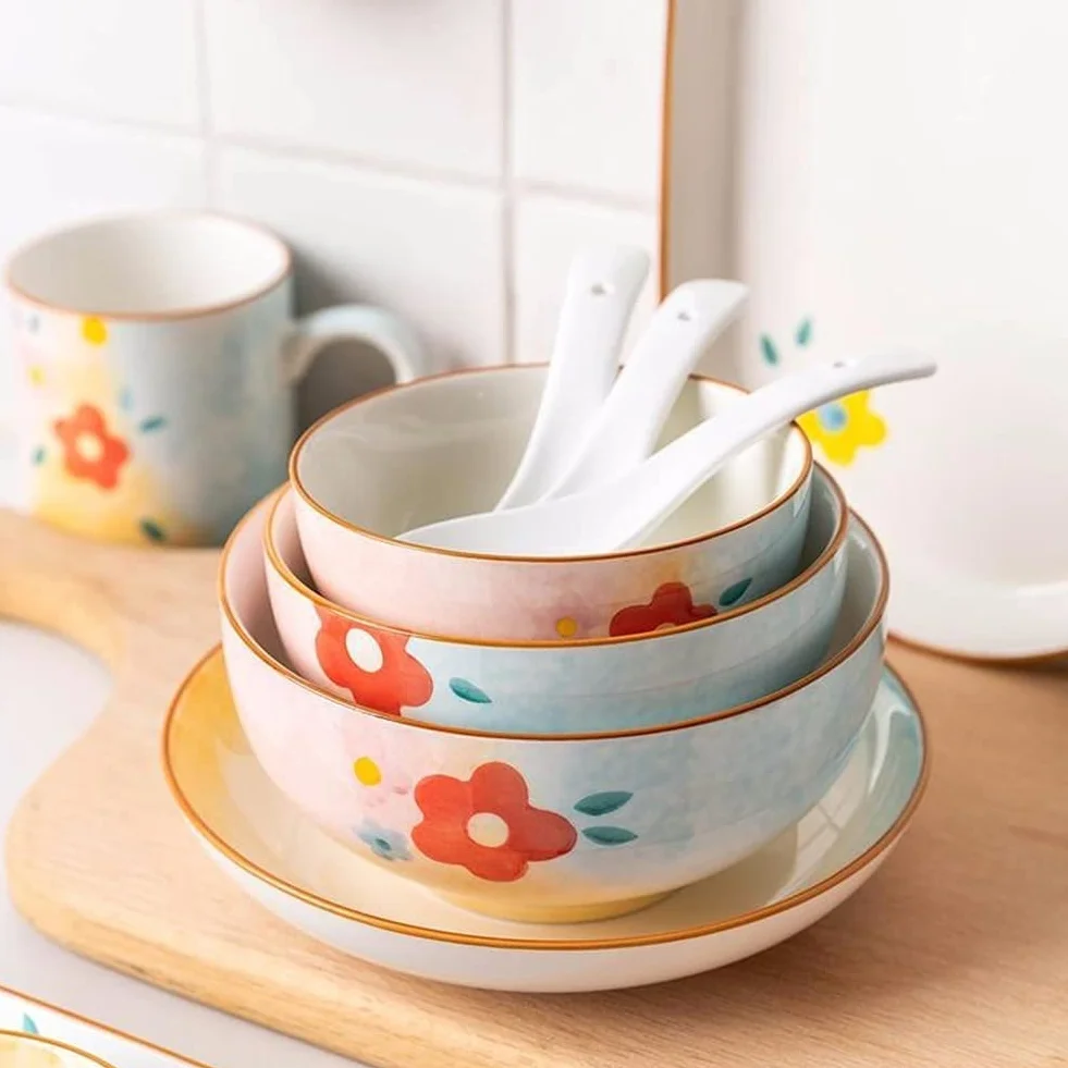 Zestawy zastawy stołowej dla 6 osób, nadają się do mycia w zmywarce i używania w kuchence mikrofalowej, porcelanowe talerze i miski