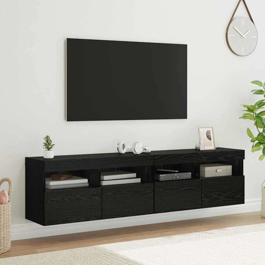 Regały ścienne do telewizora, zestaw 2 sztuk, wygląd czarnego dębu, 80 x 30 x 40 cm, materiał drewnopochodny, z oświetleniem LED, montowane na ścianie do salonu