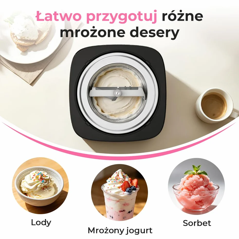 Maszyna do Lodów Miękkich 2L, Stal Nierdzewna z Pokrywką, Zawiera Książkę Kucharską i łyżkę do Lodów, do Przygotowywania Lodów, Mrożonego Jogurtu i Sorbetu