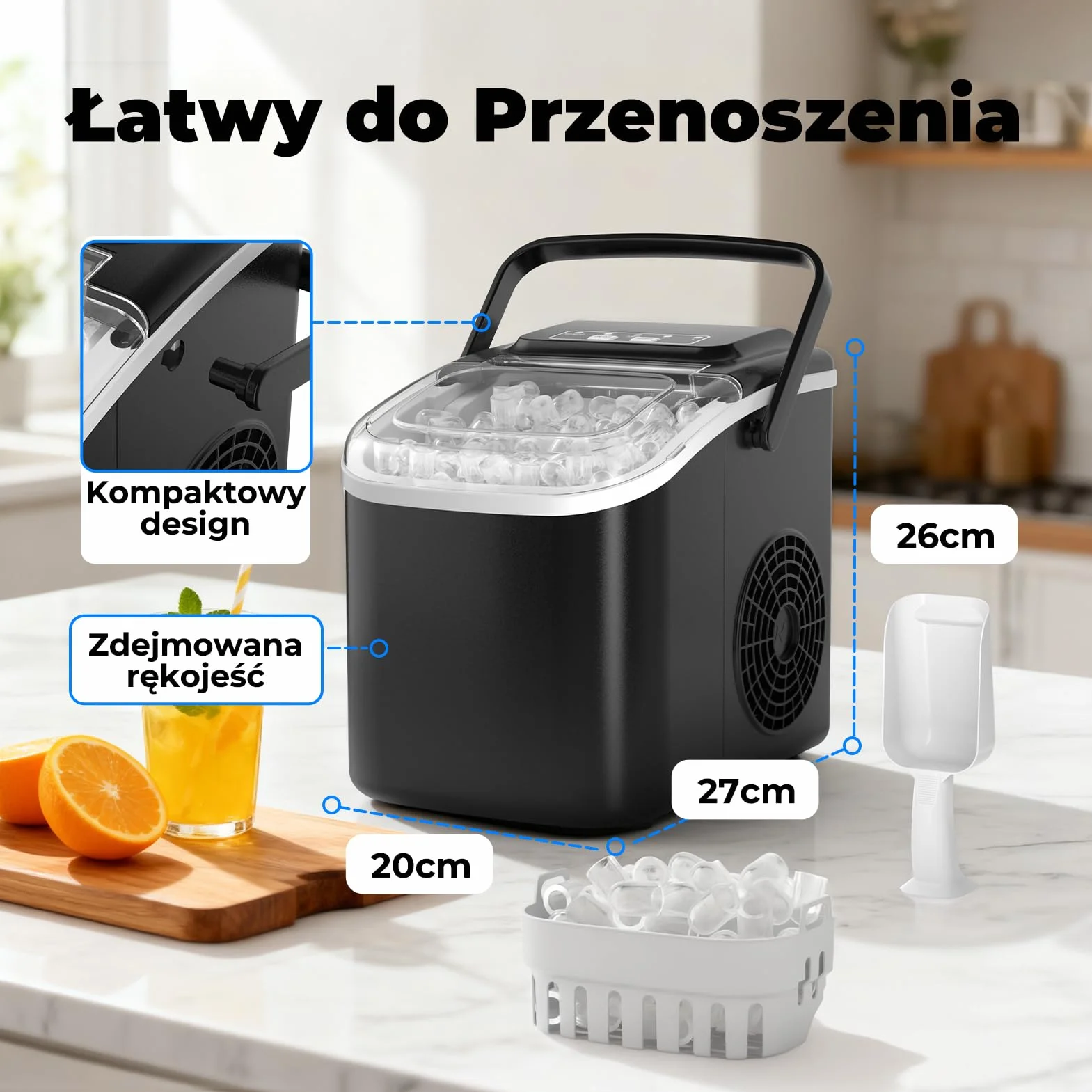 Maszyna do Lodu 12KG/24H Samoczyszczenie Zbiornik 1.2L 2 Rozmiary Kostek Lodu Czarny
