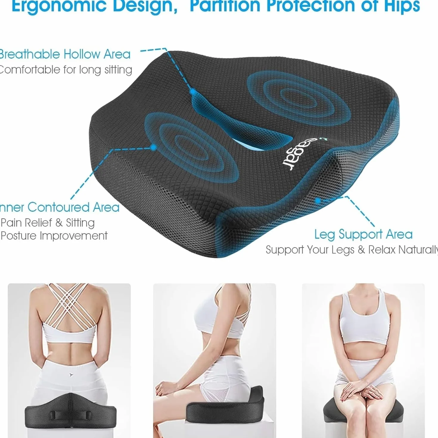 Feagar, poduszka na krzesło z pianki z pamięcią, ergonomiczna poduszka na fotel samochodowy, dla kierowcy, do wózka inwalidzkiego, poduszka na rwę kulszową, poduszka do siedzenia, czarna