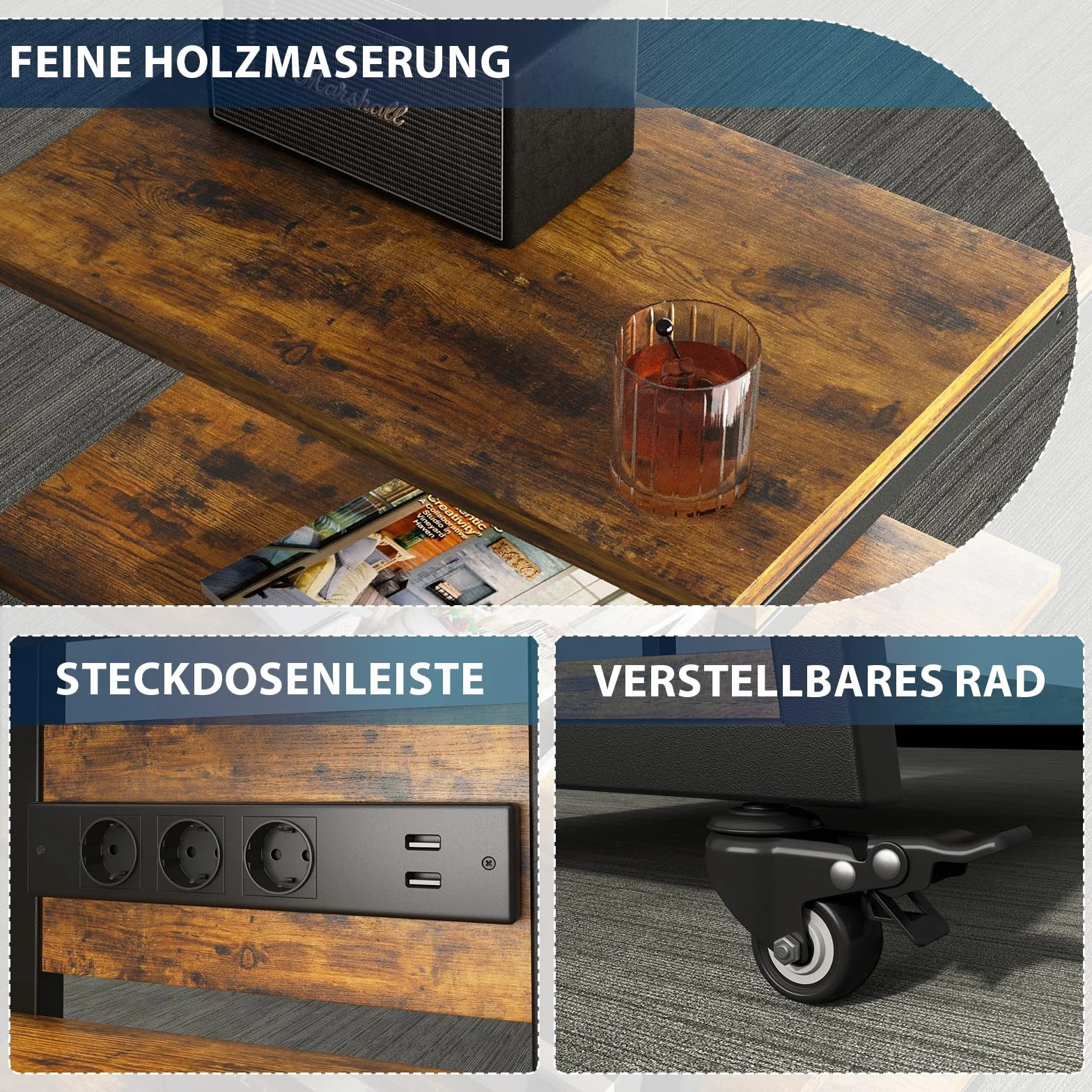 5-stopniowy stojak HiFi z kółkami, stół gramofonowy z listwami zasilającymi, diodami LED, regulowana półka, drewniany stojak na media, regał HiFi do systemu audio, system stereo, 60 x 52 x