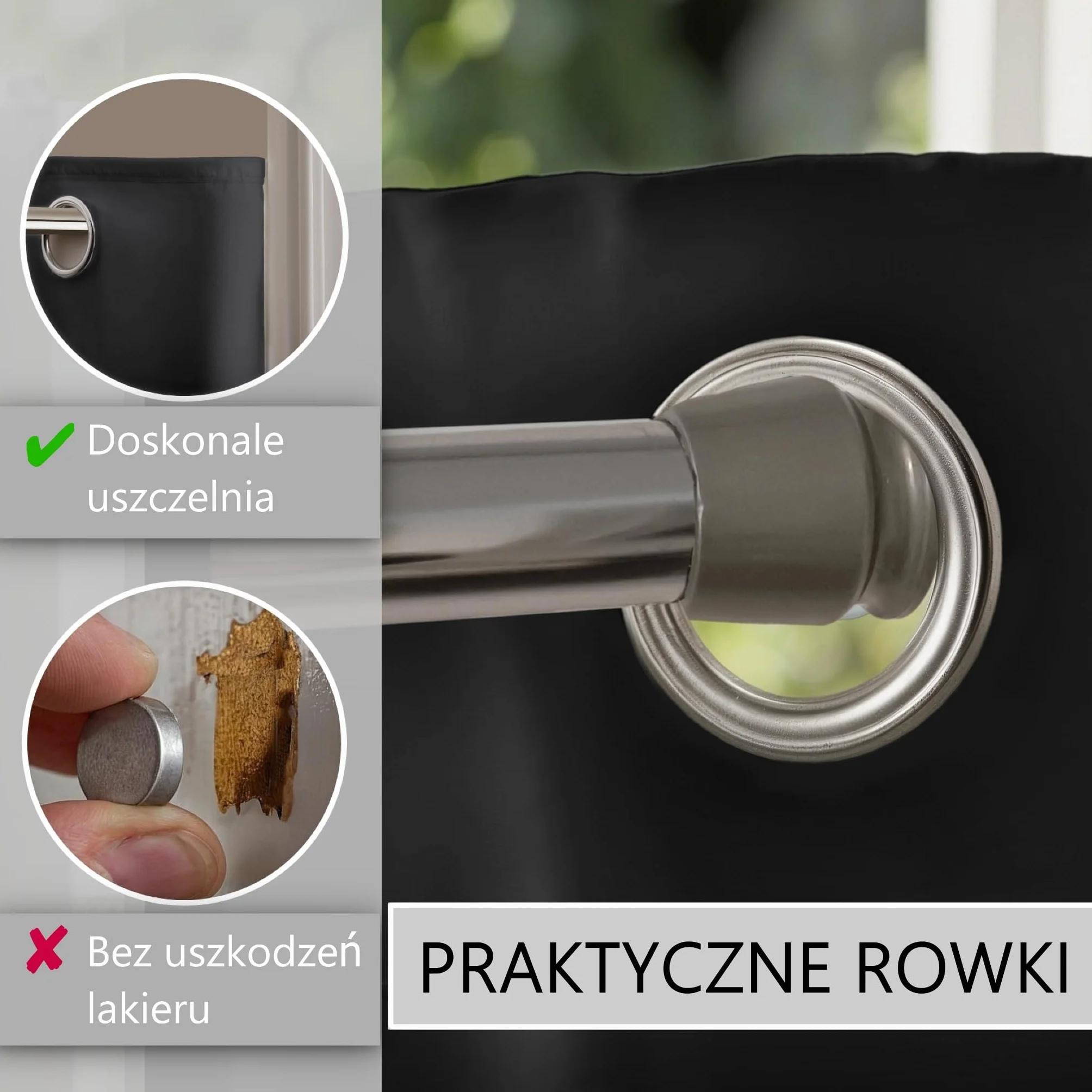 Zasłona do drzwi z drążkiem teleskopowym, łatwy montaż w 1 minutę bez wiercenia (czarna zasłona drzwiowa + srebrny drążek, zasłona 200 x 150 cm (wys. x szer.) + drążek 70–120 cm)