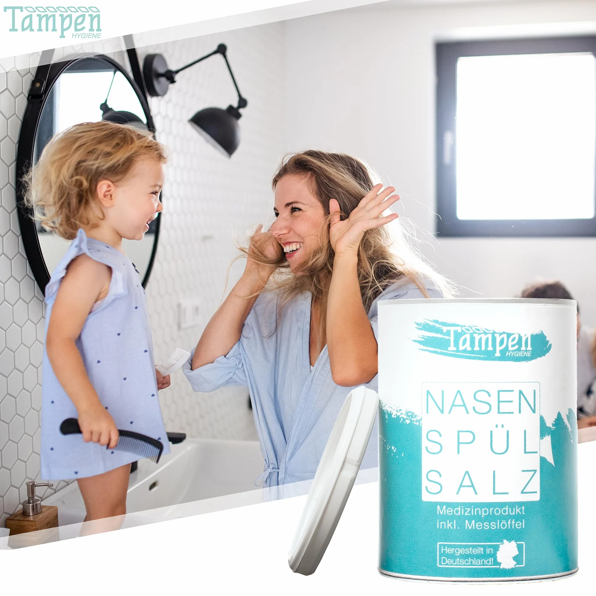 Zestaw prysznicowy do nosa · 120 x sól do płukania nosa (300 g) · łyżka pomiarowa (1 g) · 3 nasadki dla dorosłych i dzieci · Tampen Higiena · Płukanka do nosa · Dzbanek do nosa · czyszczenie nosa