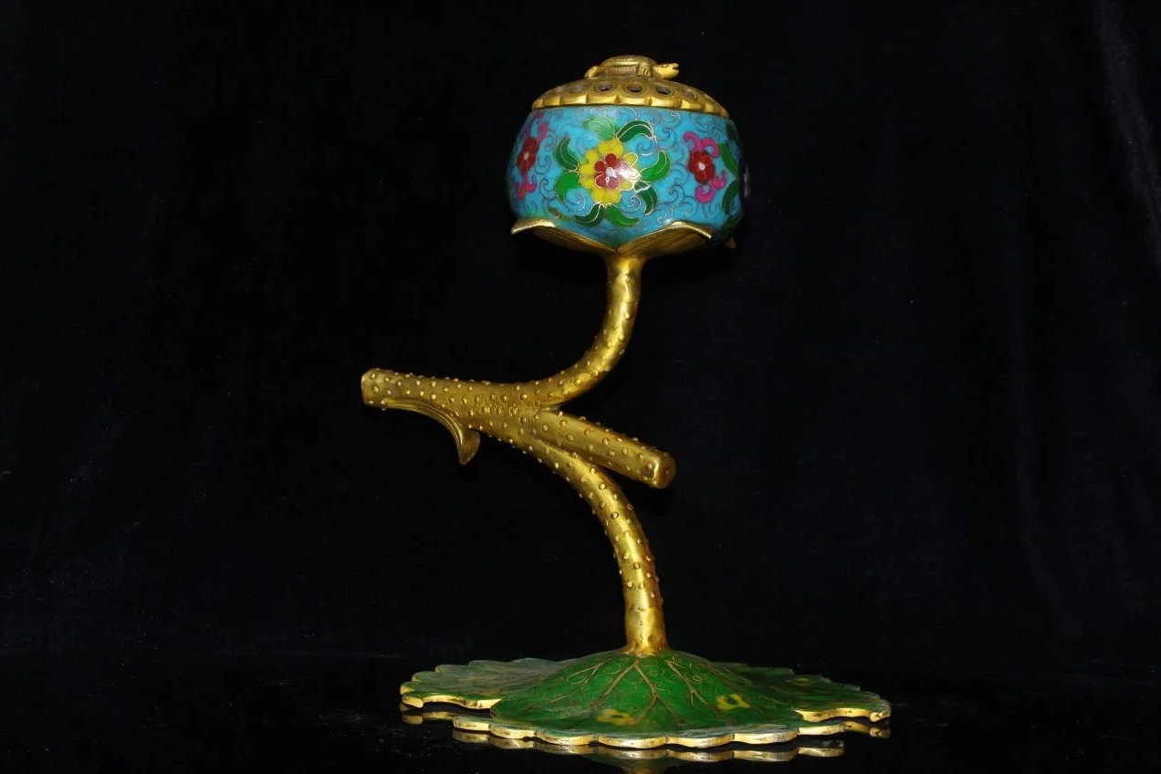 Antyczna opona miedziana, filigran Cloisonne, kadzielnica z liści lotosu, ozdoby, artykuły gospodarstwa domowego, przedmioty kolekcjonerskie