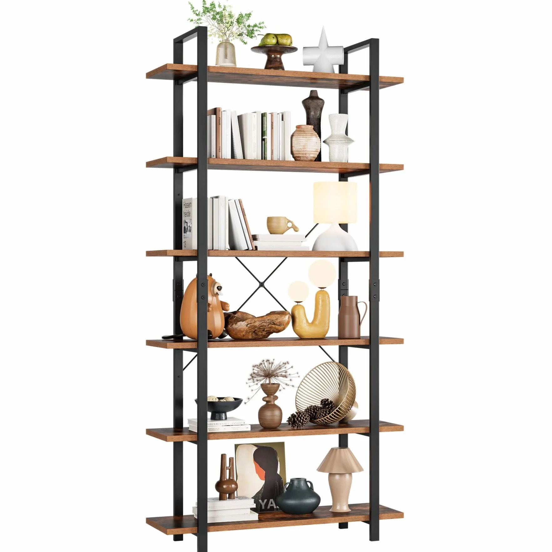 FirFurd Regał na książki, stojący regał z 6 poziomami, Regał do salonu, industrialny, Regał do przechowywania, drewna i metalu, 105,2 x 33 x 210,5cm