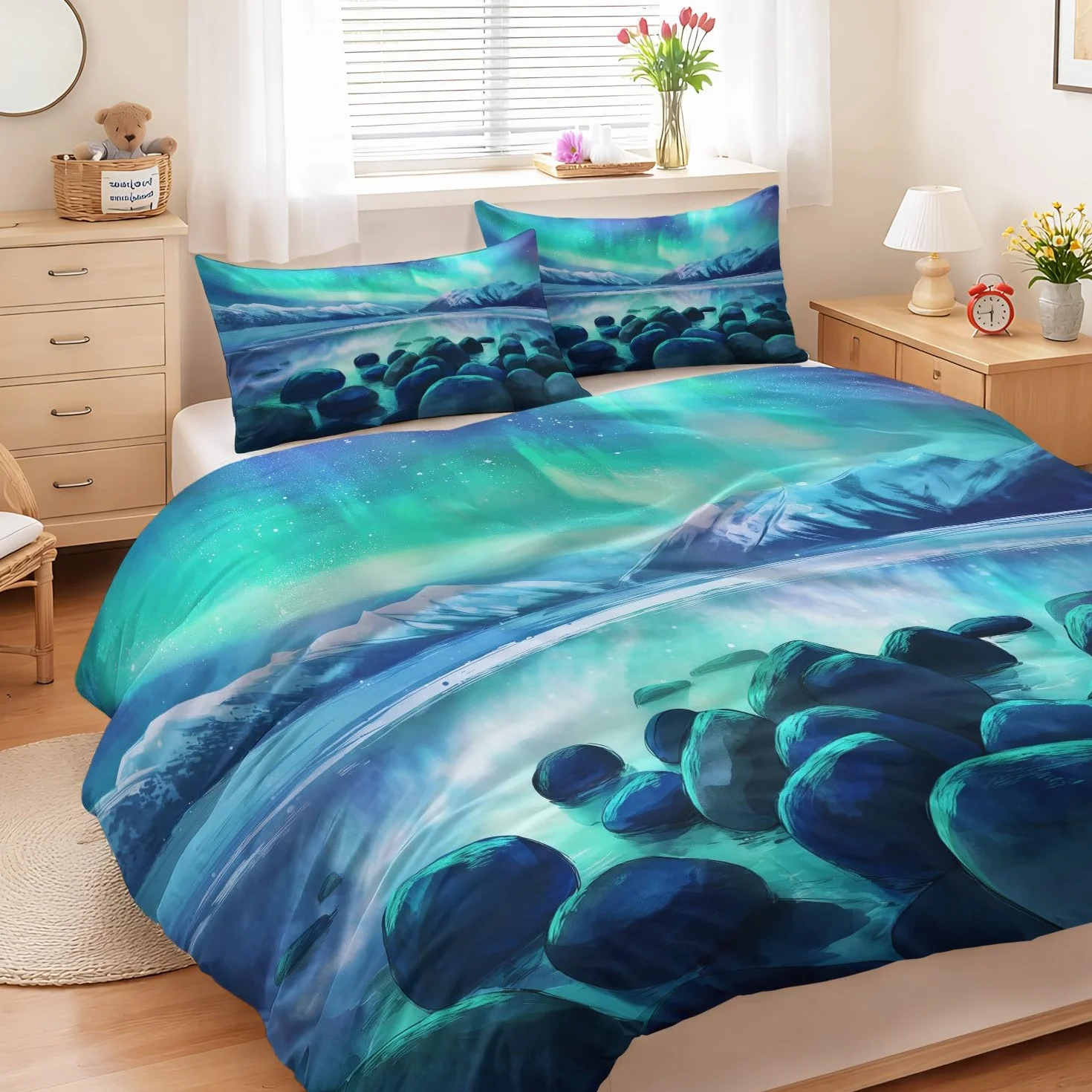 Generisch Verträumt Pościel z motywem krajobrazu nocnego, 200 x 200 cm, 3-częściowy zestaw pościeli – romantyczna pościel z mikrofibry z 2 poszewkami na poduszki, niebieska